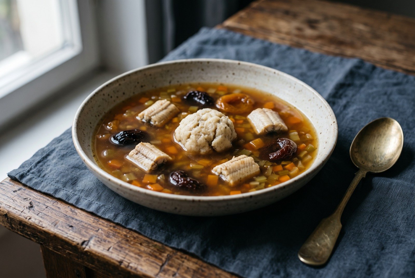 Aalsuppe, Hamburg's sweet-sour eel soup with dried fruit: a wide shallow bowl of amber brown broth, pieces of pale eel and dark softened dried fruit visible beneath the surface, soup vegetables diced small throughout.