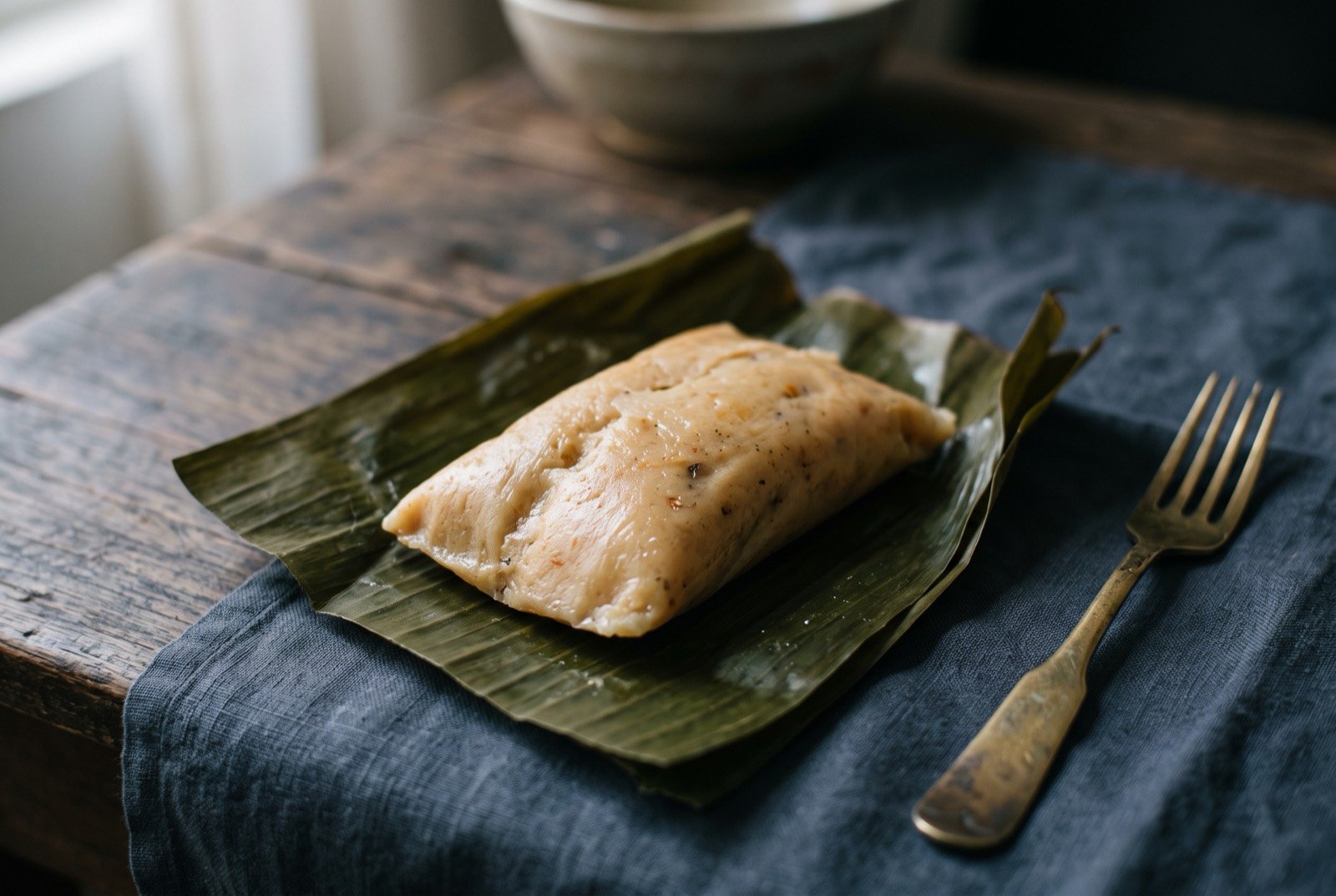 Abará, acarajé's steamed sibling wrapped in banana leaf: a soft pale beige orange steamed parcel, unwrapped and resting half open on a square of dark green banana leaf, the surface smooth and slightly moist rather than crisp.