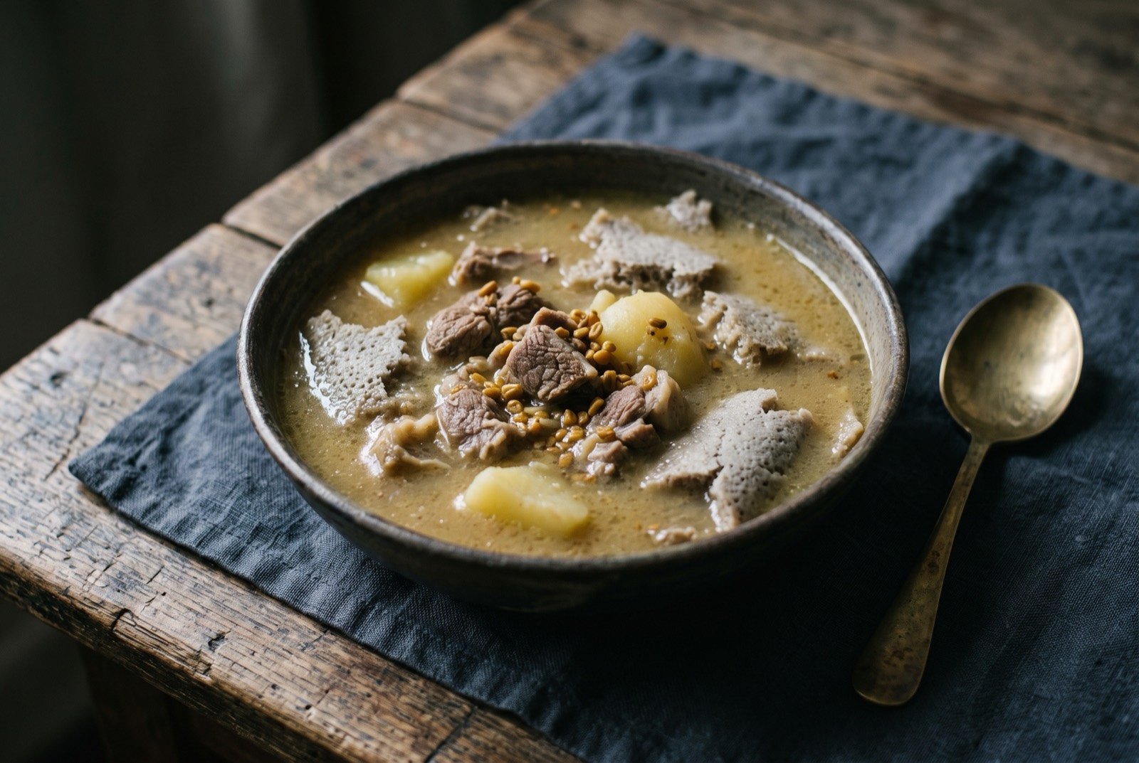 Abish / hulbat marakh: A pale gold brown broth, cloudy and lightly thickened by collapsed potato, with pieces of lamb, large potato chunks and whole toasted fenugreek seeds visible in it. No red at all. Torn pieces of grey injera float in the bowl rather than lying beneath.