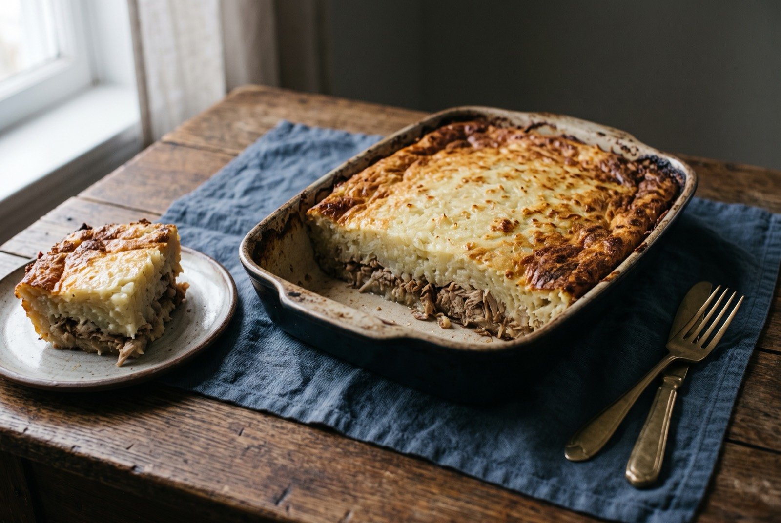 Rappie pie, dense grated potato baked over shredded meat: a rustic dish of dense, pale, jelly-like grated potato baked to a golden brown crust on top, shredded meat visible where a portion has been cut away.