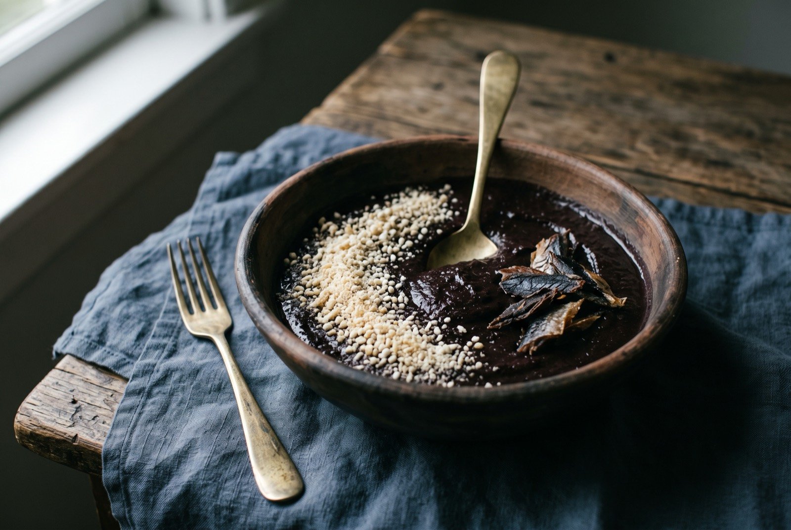 Acai tradicional, thick unsweetened acai cream eaten savoury with farinha and dried fish: a deep dark purple, almost black cream filling a wide clay bowl, its surface dense enough to hold a spoon upright, a generous scattering of pale toasted cassava flour across one side and a few flakes of dried fish resting on top.
