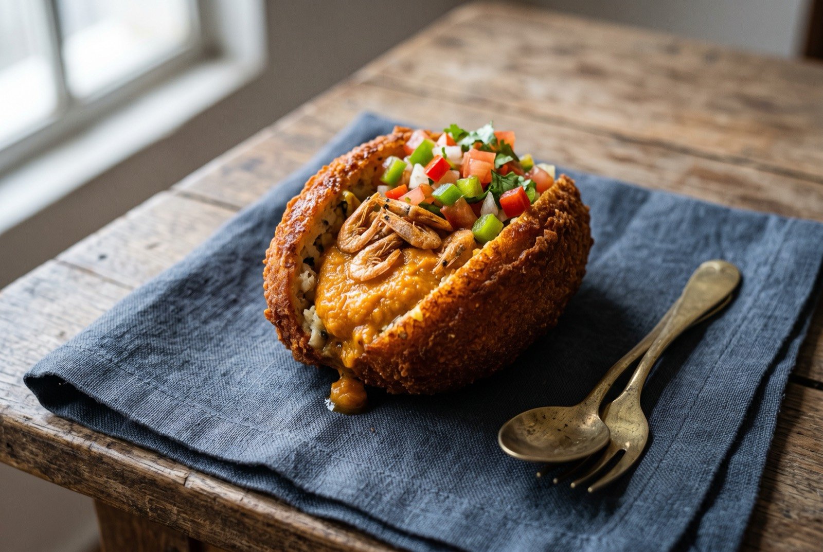 Acarajé, a Bahian black-eyed pea fritter fried in dendê: a deep golden brown fried oval fritter, split open along the top to reveal a pale interior, filled with a thick orange vatapá paste.