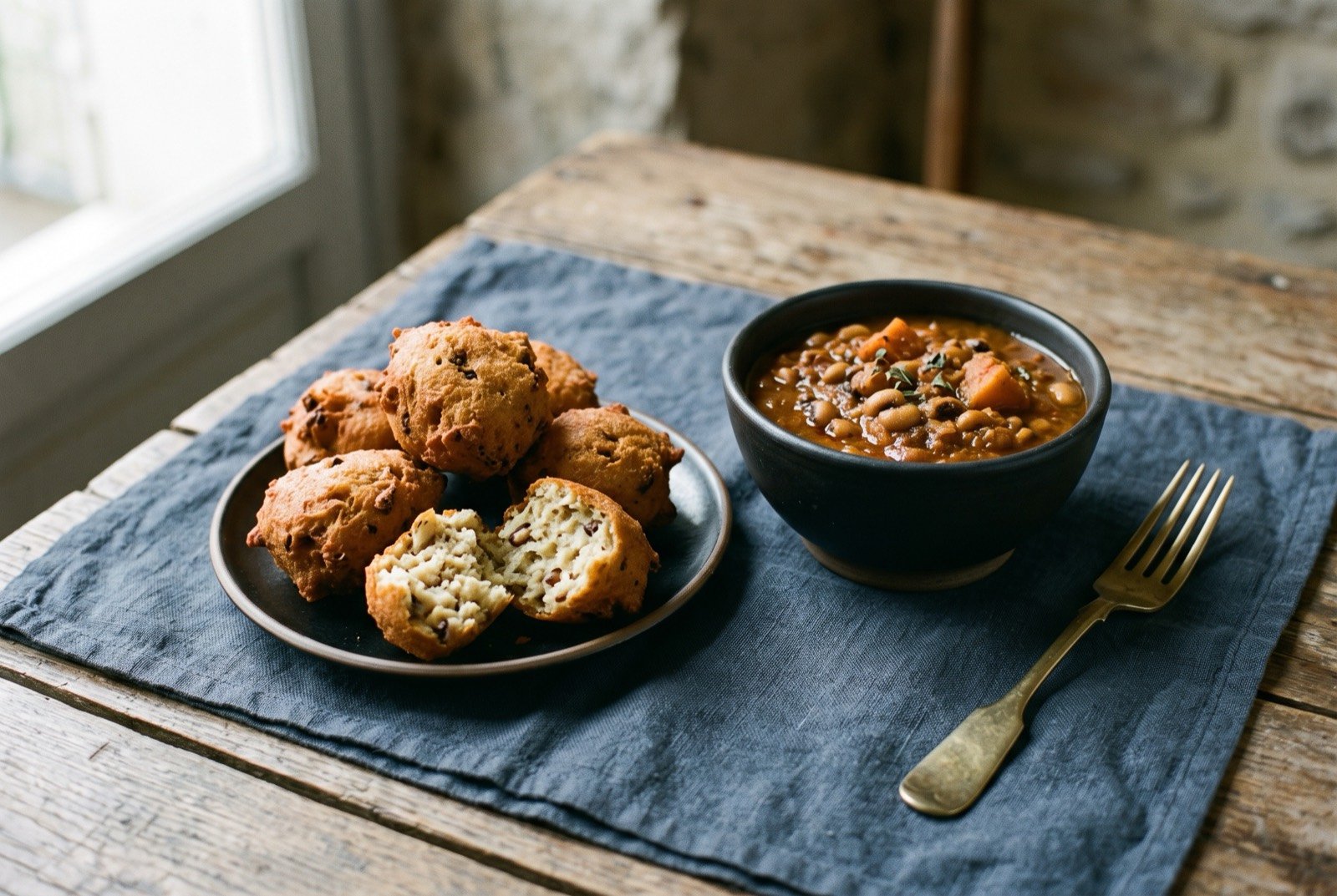 Accara and ndambe, black eyed pea fritters and stew: small golden brown deep fried fritters piled beside a matte, deep red bean stew in a separate small bowl, one fritter broken open to show a pale.