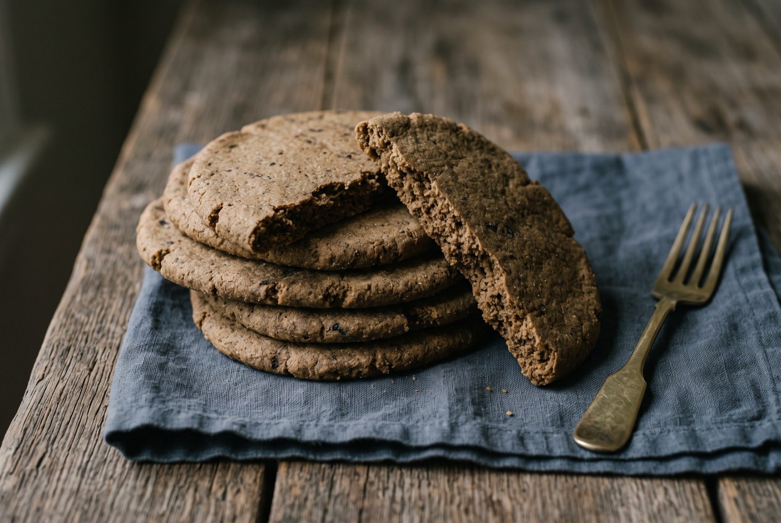 Acorn bread, yuu-pitlaš, a dense flatbread from fully leached acorn flour: several thick, dense, dark tan flatbread rounds stacked slightly askew, their surface matte and finely textured with small dark flecks.