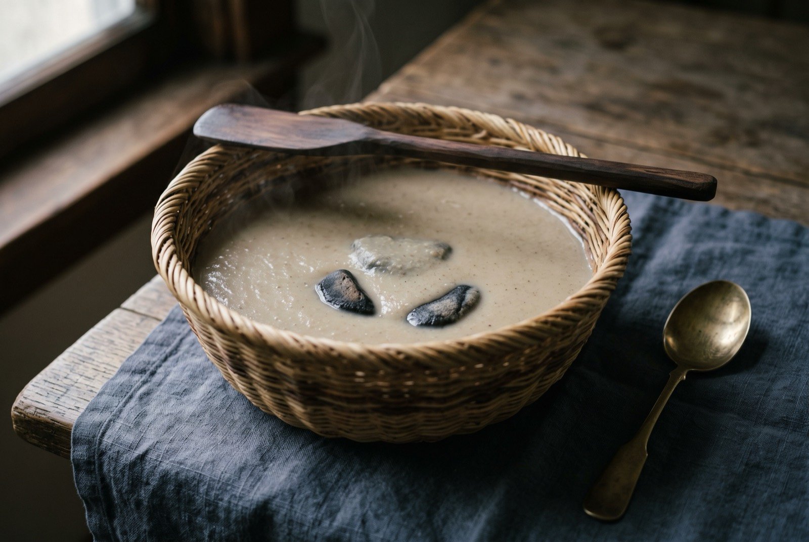 Xuun, a smooth leached acorn soup stone-boiled in a woven basket: a tightly woven, watertight basket filled with a smooth, pale greyish tan soup, faintly steaming, a few dark, fire blackened stones resting at the bottom just visible through the surface.