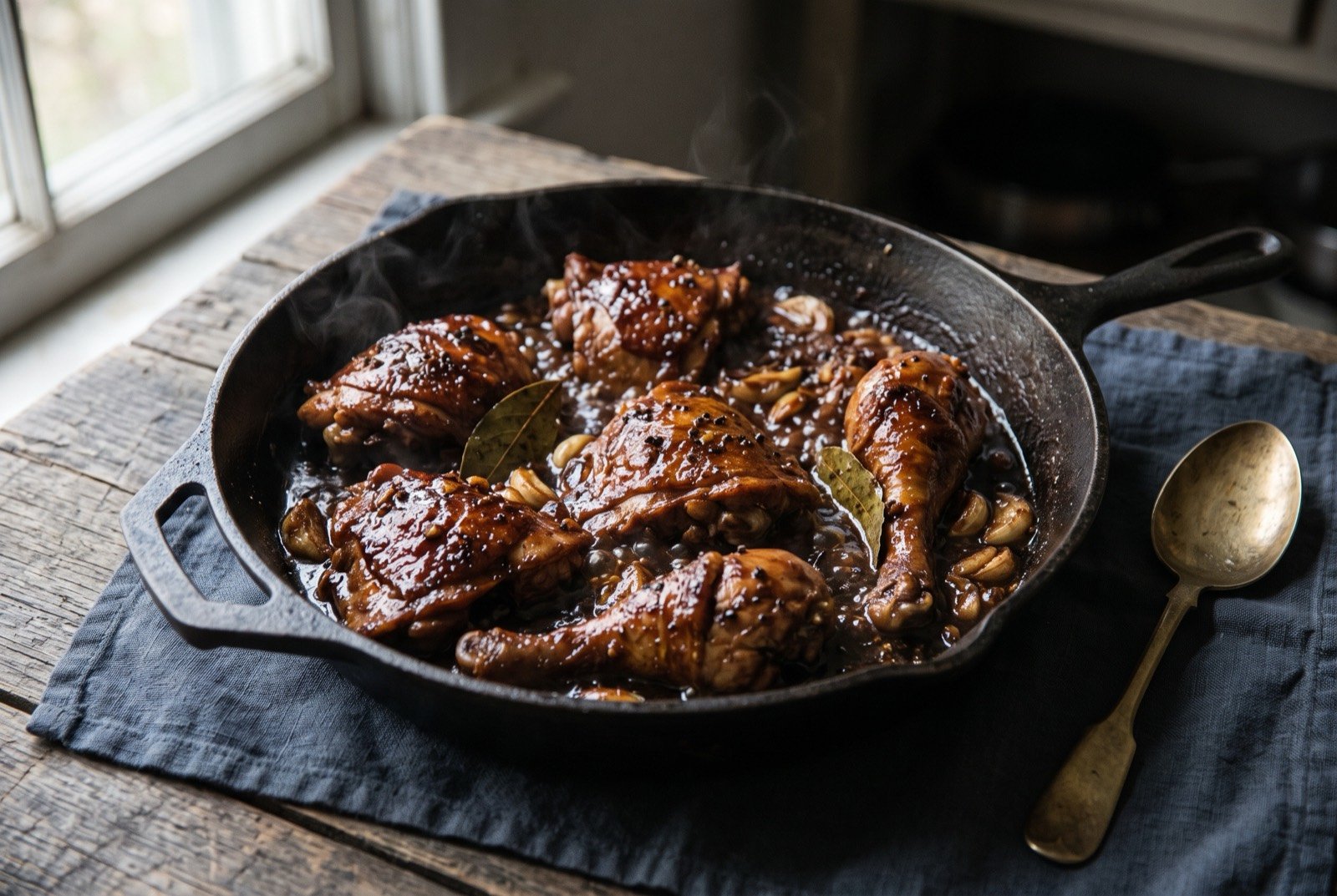 Adobo, chicken pieces braised in vinegar, soy sauce, garlic and bay leaf until the sauce reduces to a dark, glossy glaze: a dark wide skillet of glossy dark brown chicken adobo, the pieces coated in a thick reduced vinegar soy sauce, whole bay leaves and crushed garlic cloves visible throughout.