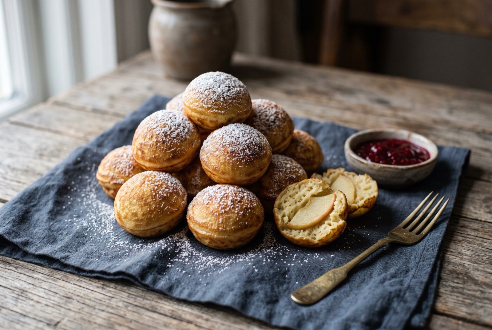 Æbleskiver, small spherical pancakes with a hidden slice of apple: a small heap of golden brown spherical pancakes piled loosely together, one ball split open to reveal a thin pale apple slice inside.