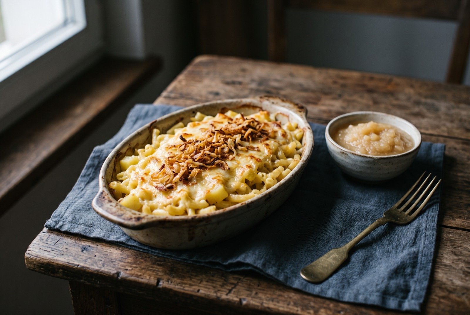 Älplermagronen, alpine macaroni and potato bake: a rustic gratin dish of short macaroni and diced potato bound in melted golden cheese with a lightly browned top, crisp fried onions scattered across the surface.