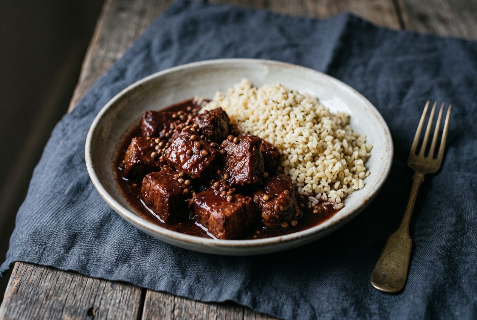 Afelia, pork cubes marinated in red wine and coriander seed, pan fried: cubes of pork with a deep reddish brown glossy glaze from a reduced red wine sauce, whole coriander seeds visible clinging to the surface.