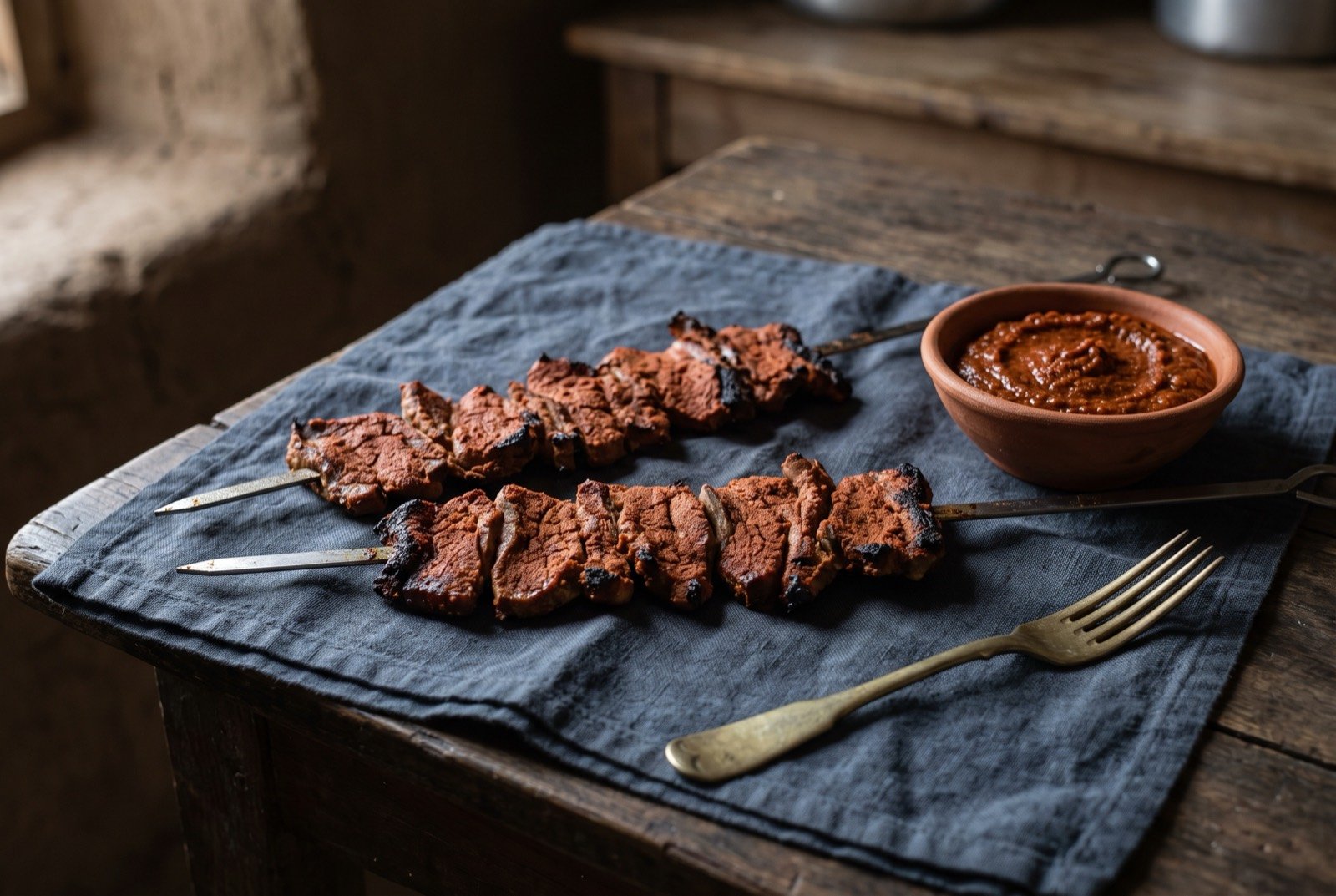 Agashe with shata dakwa: Thin butterflied slices of lamb on metal skewers, coated in a dry rust red peanut and chilli crust gone matte and cracked over the fire and blackened at the exposed edges. A small bowl of thick red brown peanut chilli paste beside them.