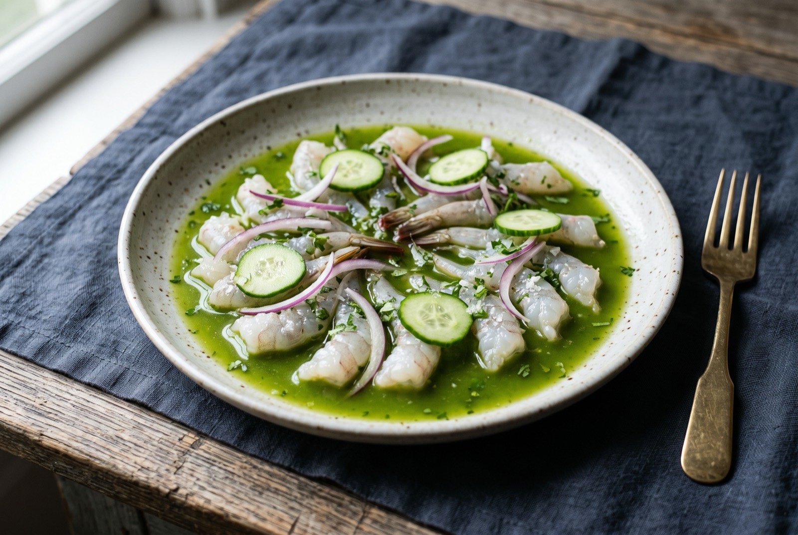 Aguachile de camarón, raw shrimp cured in green chile and lime: translucent raw shrimp fanned across a wide shallow plate, a vivid green chile and lime liquid pooled beneath them, thin rounds of cucumber and slivers of red onion scattered on top.