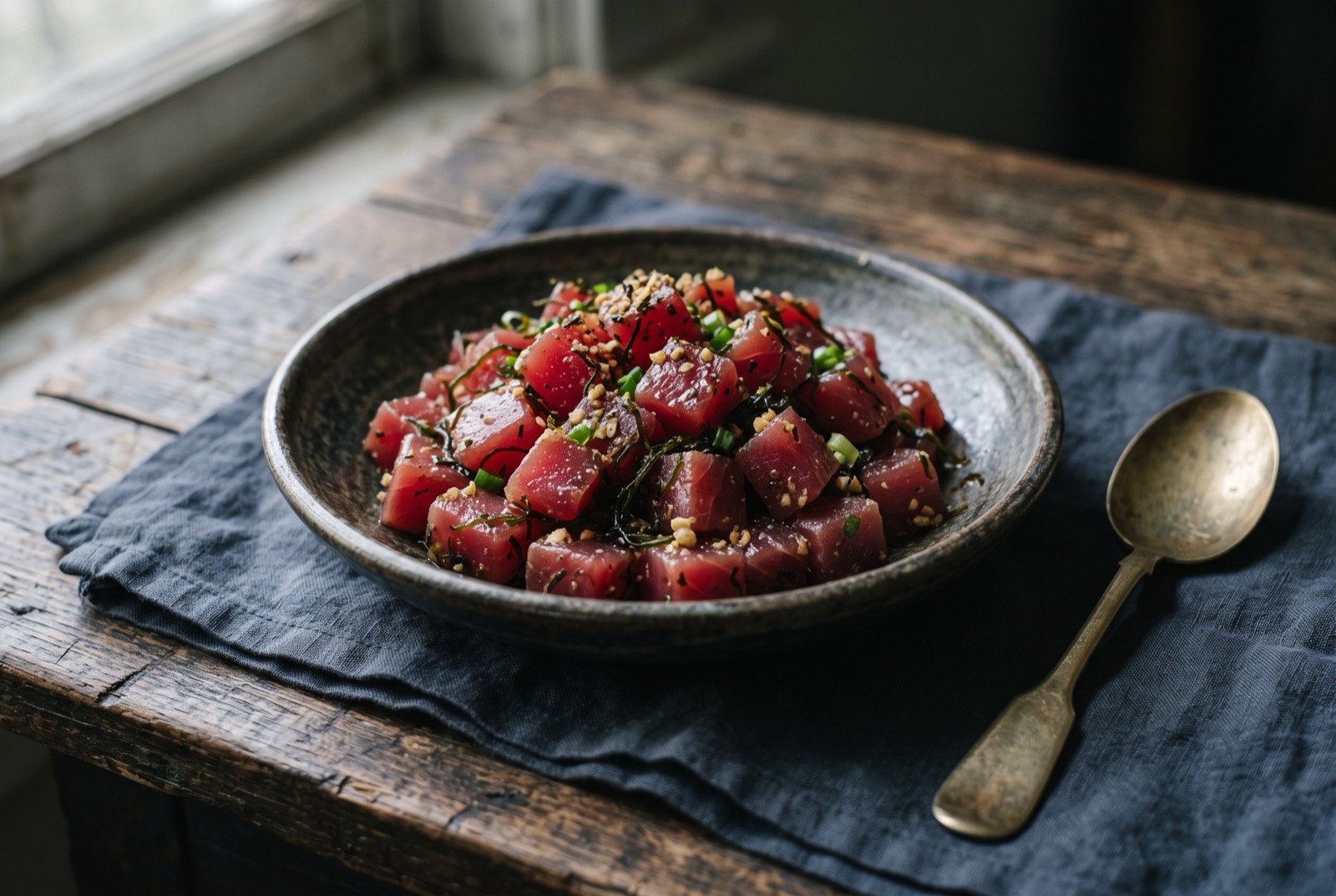 Ahi poke: cubed raw ruby red tuna in a shallow bowl, seasoned with dark limu seaweed and a coarse candlenut relish, no soy sauce or sesame visible, the pre-contact salt and seaweed style.