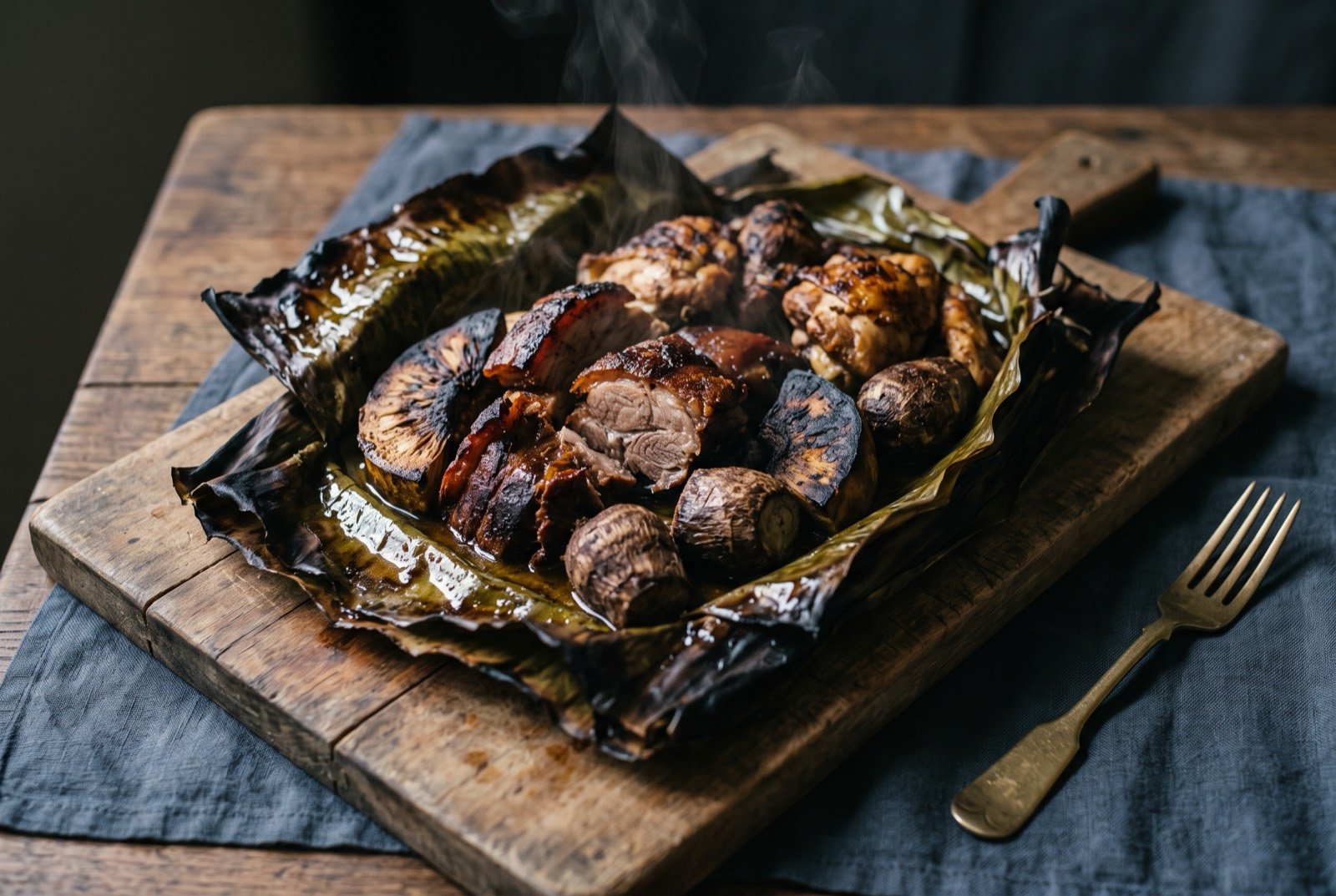 The ahimaʻa Sunday feast, Tahitian earth oven roasted pork, chicken and root vegetable: an opened banana leaf parcel steaming on a wooden board, whole roasted pork and chicken pieces alongside blackened breadfruit and taro.