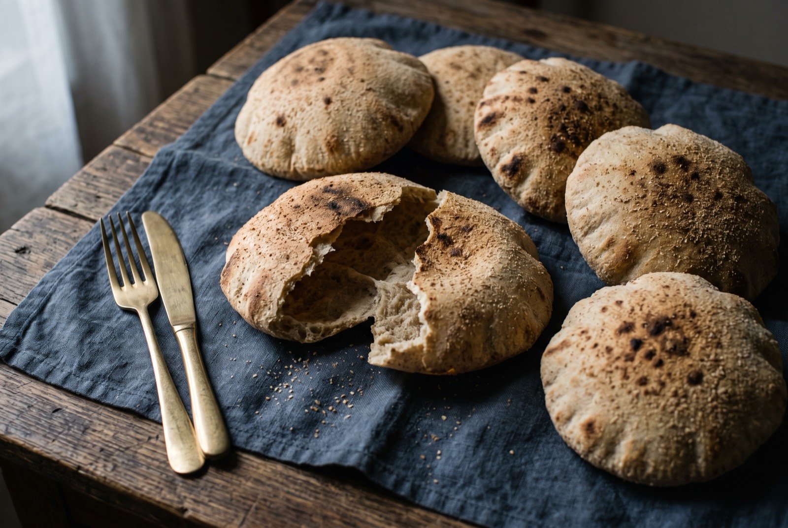 Aish baladi: Round wholemeal flatbreads about the width of a hand, domed and hollow from the oven, the crust a dull sandy brown speckled with darker blisters and dusted with coarse bran from the proving bed. One loaf torn open shows a thin.