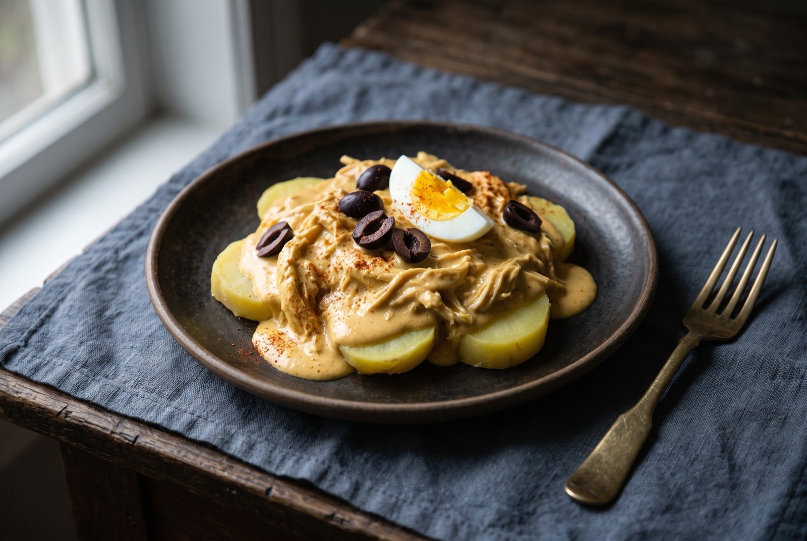 Ají de gallina, creamy shredded chicken in chilli sauce: a thick, pale golden orange sauce draped over shredded chicken and sliced potato, a scatter of black olive halves and a quarter of boiled egg resting on top.