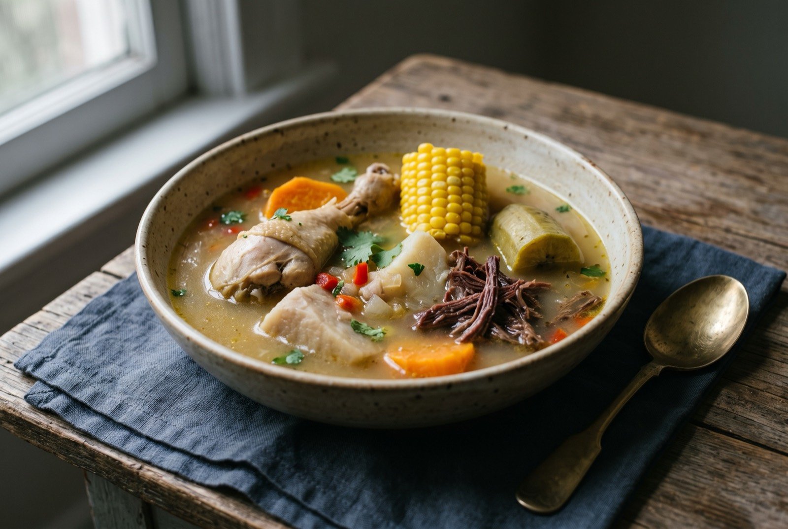 Ajiaco criollo, a Cuban root vegetable and meat stew: a wide, deep bowl of pale golden broth crowded with visible pieces, a bone-in piece of hen, chunks of white malanga and orange boniato.