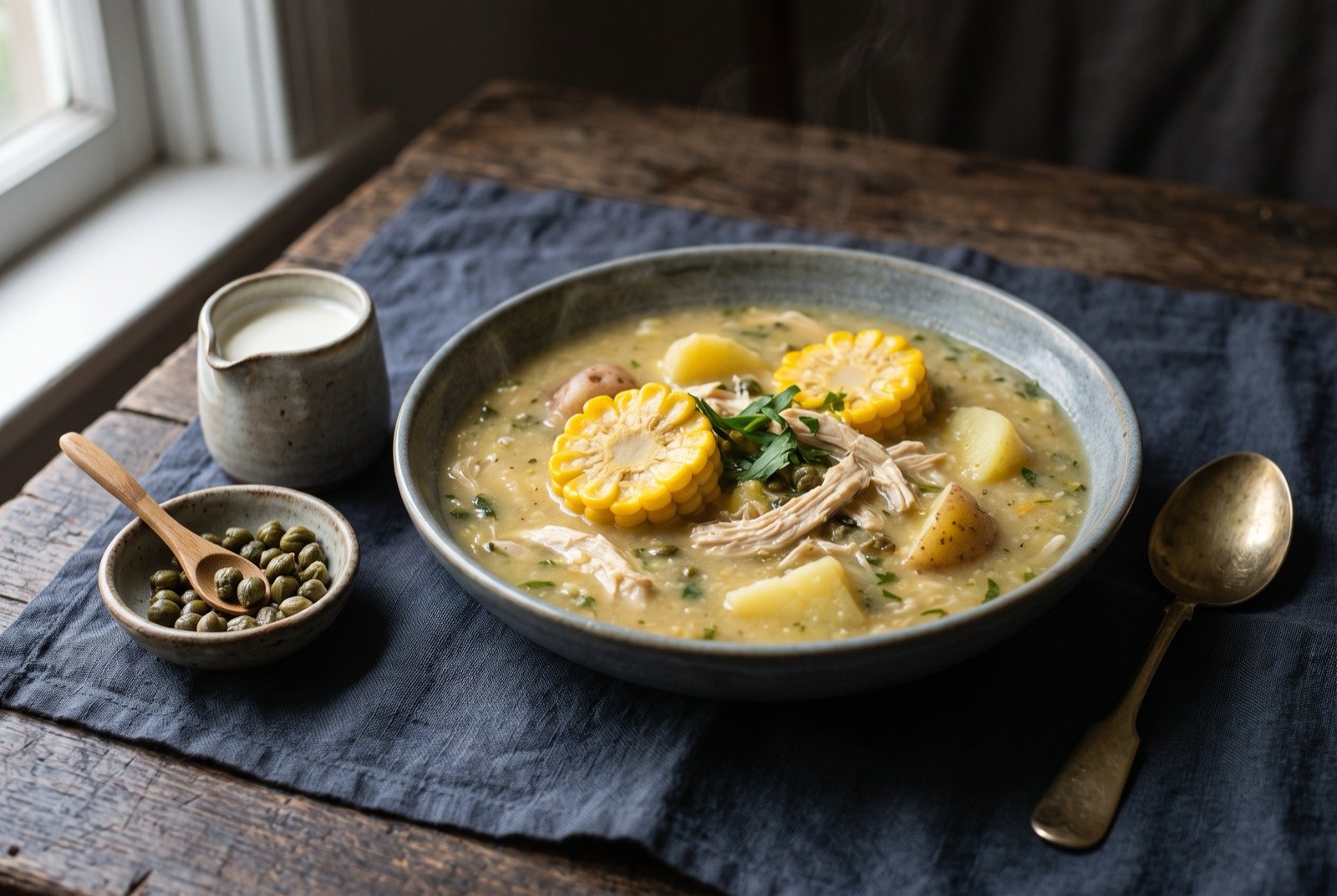 Ajiaco santafereño, a three-potato chicken and guascas soup: a wide shallow bowl of thick, pale golden soup, shredded chicken and rounds of corn on the cob breaking the surface, a few whole tender potatoes visible through the broth.