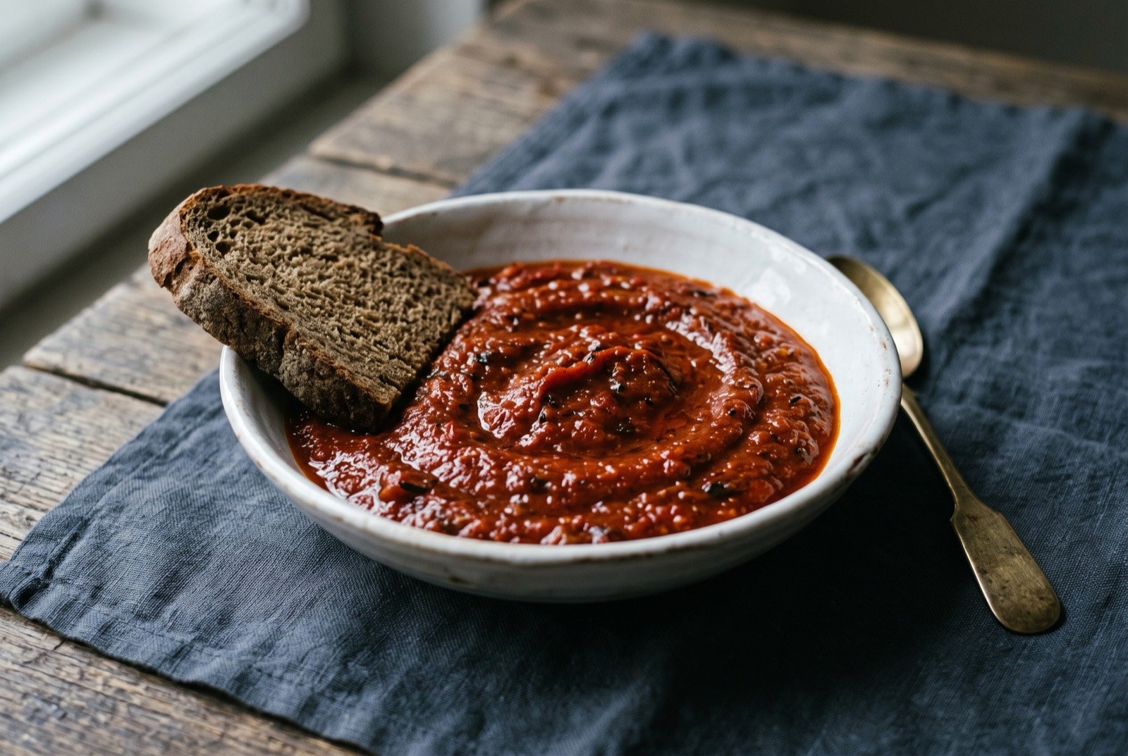 Ajvar, slow-cooked roasted red pepper relish: a shallow white ceramic bowl filled with a thick, deep brick-red to rust-coloured relish, its surface glossy with a faint sheen of oil.