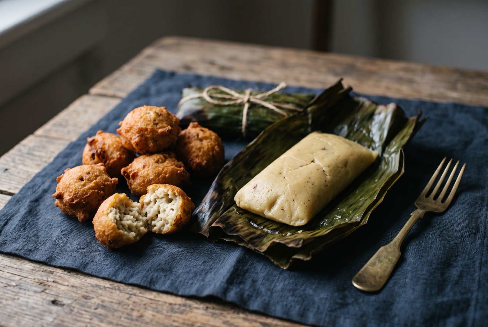 Akara and olele, black eyed pea fritters and steamed pudding: small golden fried fritters beside a firm, pale yellow beige steamed pudding partly unwrapped from a banana leaf, one fritter broken open to show a pale.