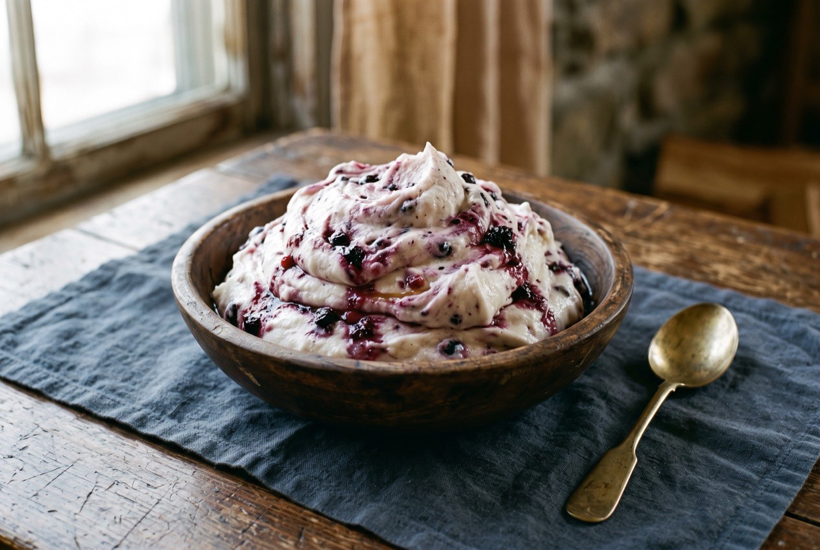 Akutuq, whipped fat and berries: a pale, airy, softly peaked mound of whipped white fat in a shallow wooden bowl, deep purple crushed berries folded through in uneven ribbons.
