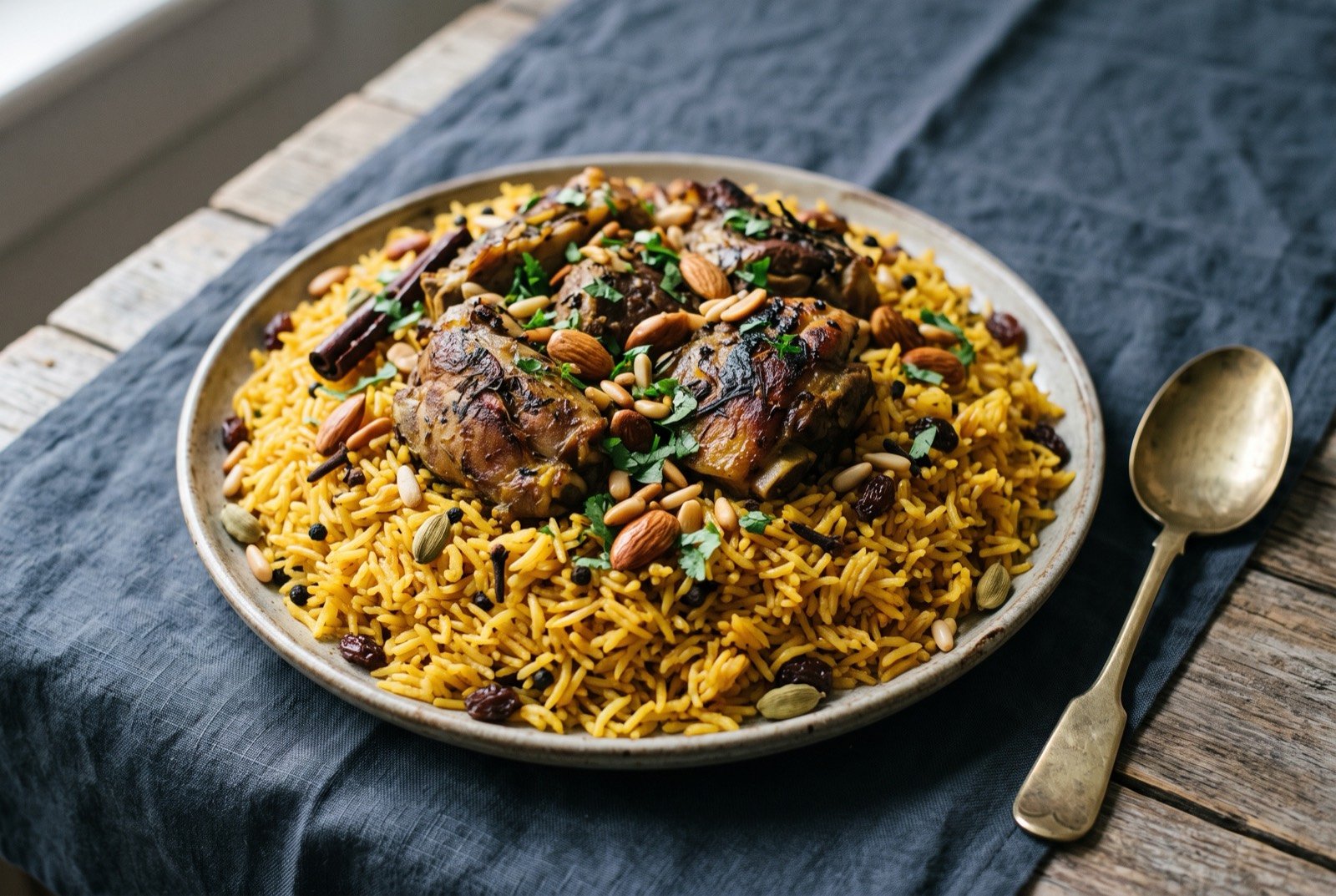 Al-Madina rice, Medina's own broth-built pilau: a mounded platter of golden saffron-tinted rice studded with whole cardamom pods and cloves, browned pieces of lamb arranged on top.