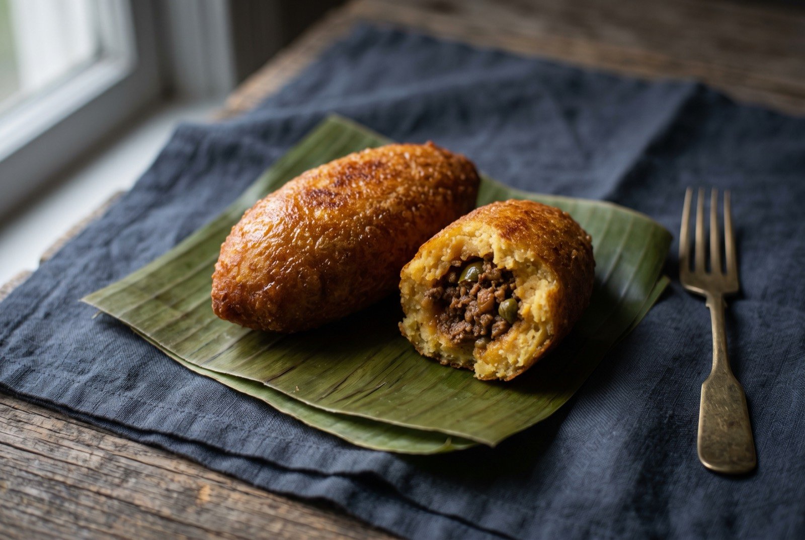 Alcapurrias, Puerto Rican fried root vegetable fritters: two golden brown oval fritters with a glossy blistered crust, one split open to reveal a dark seasoned beef filling inside pale yellow orange dough.