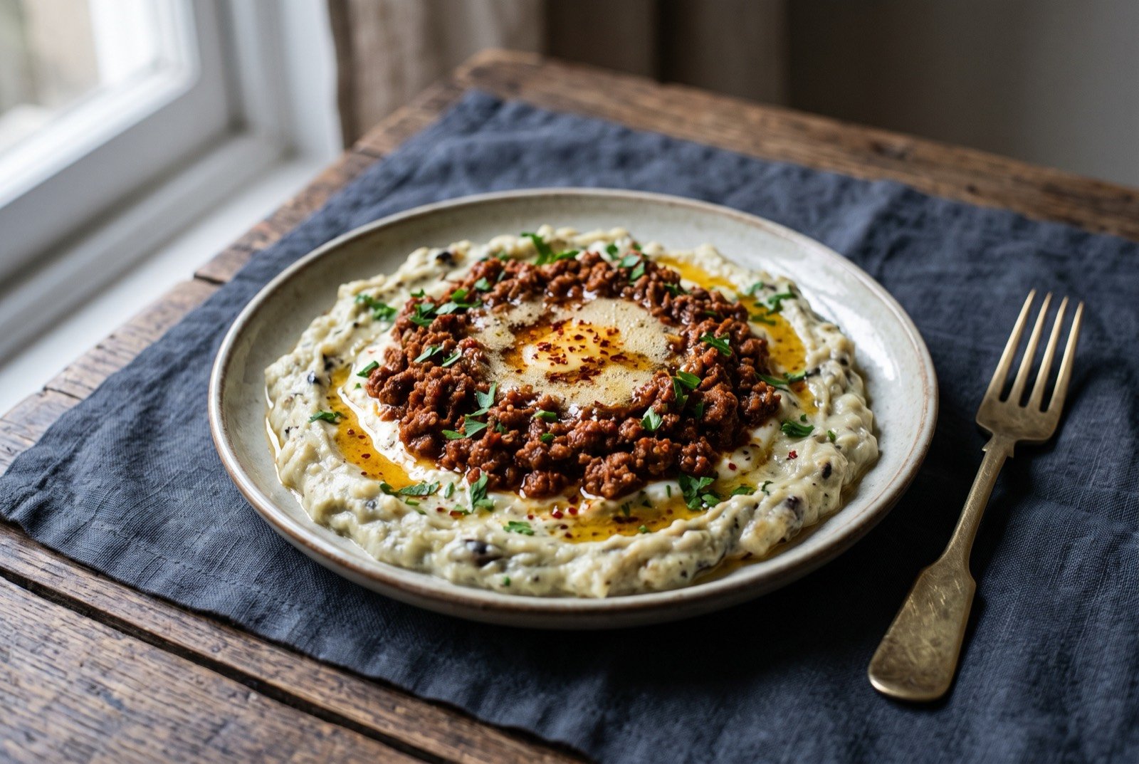 Ali Nazik kebabı, smoky mashed aubergine and yoghurt topped with spiced minced meat: a shallow plate spread with pale, faintly grey green mashed aubergine and yoghurt, a mound of deep reddish brown spiced minced meat piled in the centre.