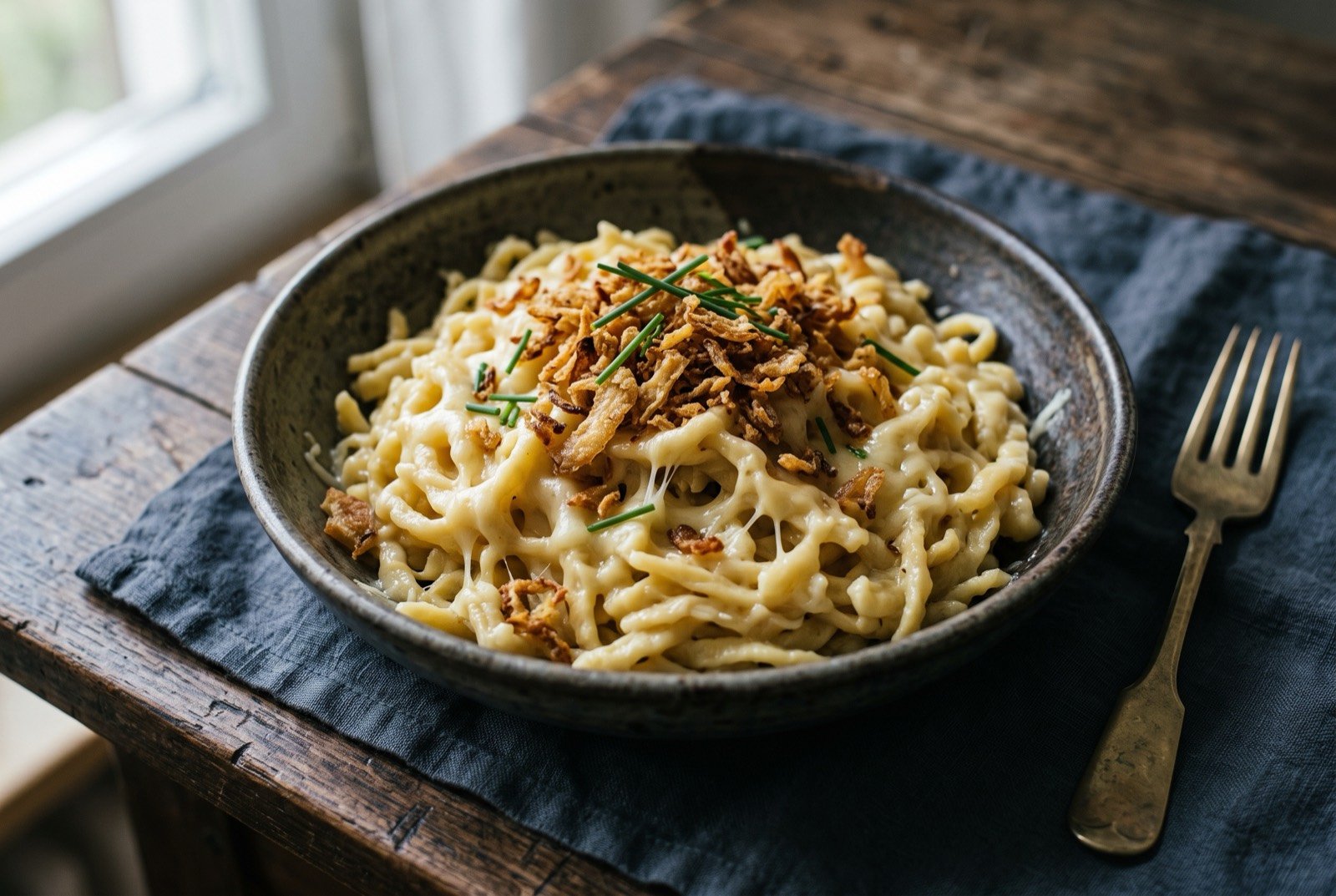 Allgäuer Kässpatzen, cheese baked egg noodles: a heap of short irregular pale golden egg noodles bound in molten stringy cheese, a generous pile of deep golden crisp fried onions scattered over the top.