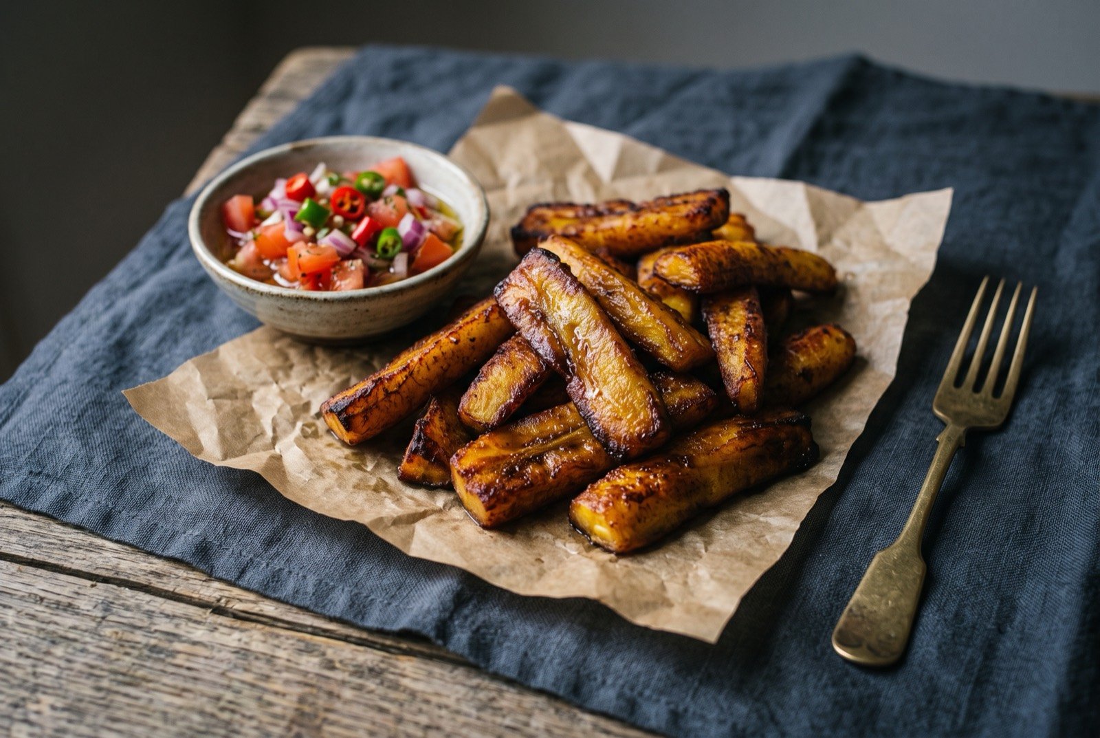 Alloco, fried ripe plantain: thick batons of very ripe plantain fried deep golden brown with dark caramelised edges and soft centres, glistening, piled on brown paper.