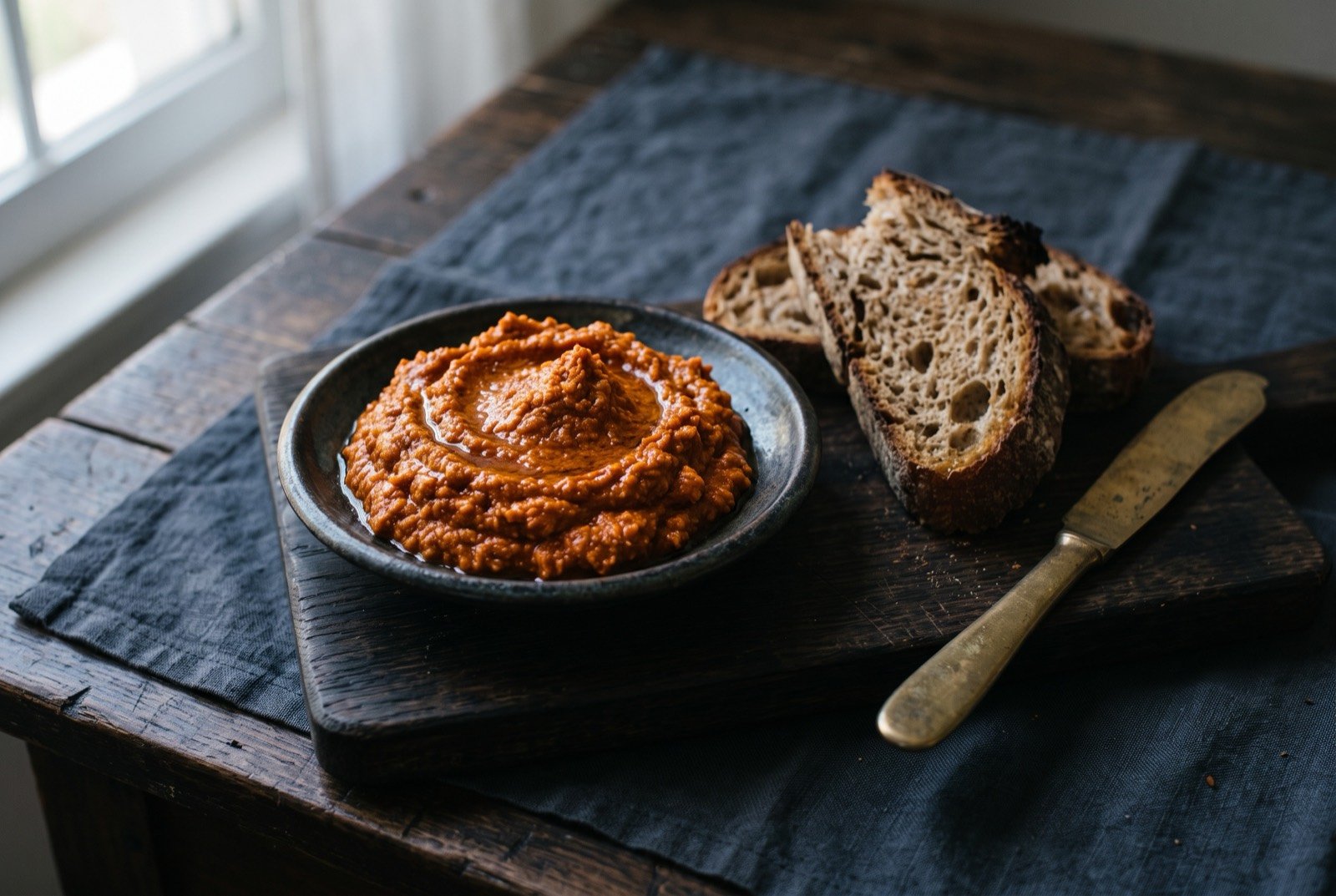 Almogrote gomero, aged cheese and pepper spread: a thick, deep orange-red paste mounded in a small dark dish, its surface glossy with olive oil, a few slices of crusty bread resting alongside on a dark wooden board.