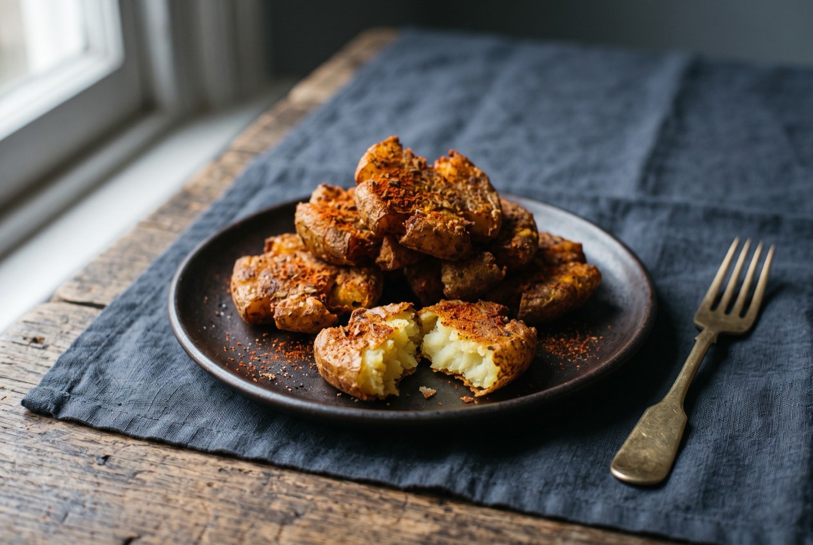 Aloo tuk, twice-fried crushed and crisped potato discs: a small stack of flattened, deep golden, blistered potato discs, dusted with red chilli powder and a squeeze of lime, extremely crisp-edged.