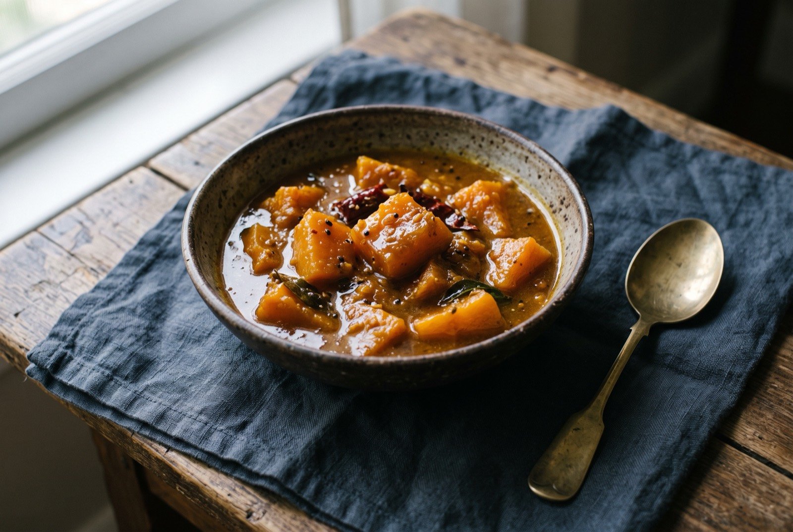Ambal, a Dogri sweet and sour pumpkin curry: soft orange pumpkin chunks holding their shape in a thin, glossy amber-brown sweet-sour sauce, a few tamarind flecks visible.