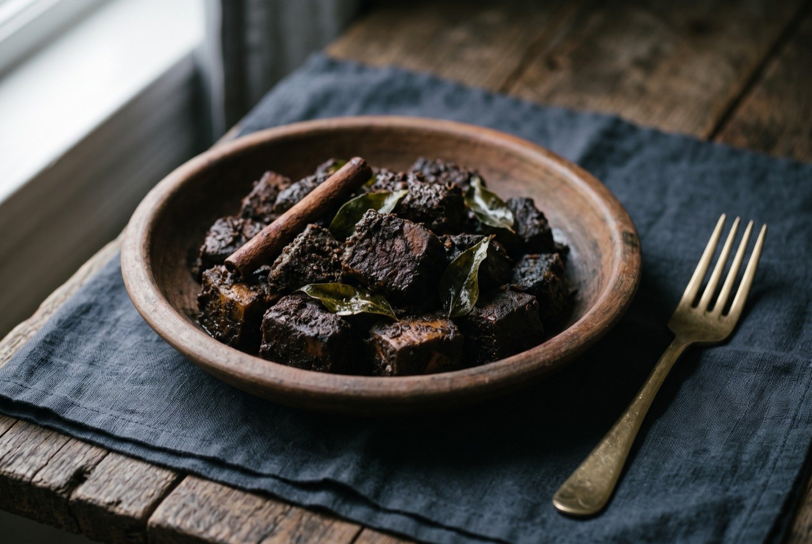 Ambul thiyal, black, dense, goraka-soured dry fish curry: dark, near-black cubes of fish heavily crusted in a dry, dense spice coating, no visible sauce pooling beneath them, a whole cinnamon stick and a few curry leaves resting among the pieces in a shallow clay dish.
