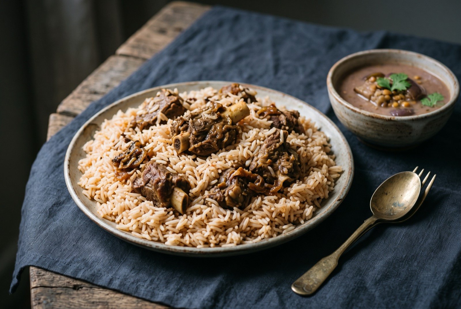 Ambur biryani, a lighter seeraga samba rice biryani: a mound of thin, pale golden short-grain rice flecked with red chilli and mint, bone-in meat pieces visible throughout, less oily-looking than a typical biryani.