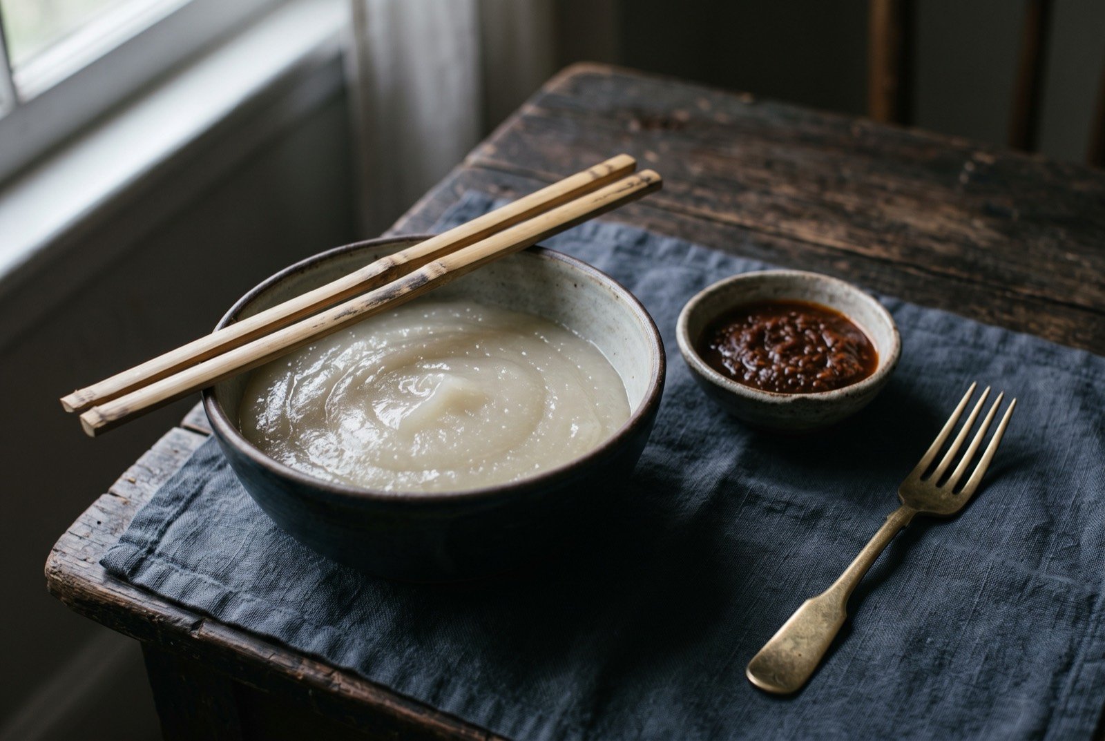 Ambuyat, sago starch dip: a deep bowl of thick, translucent, pale glutinous sago paste with a pair of split bamboo twirling sticks resting across the rim.