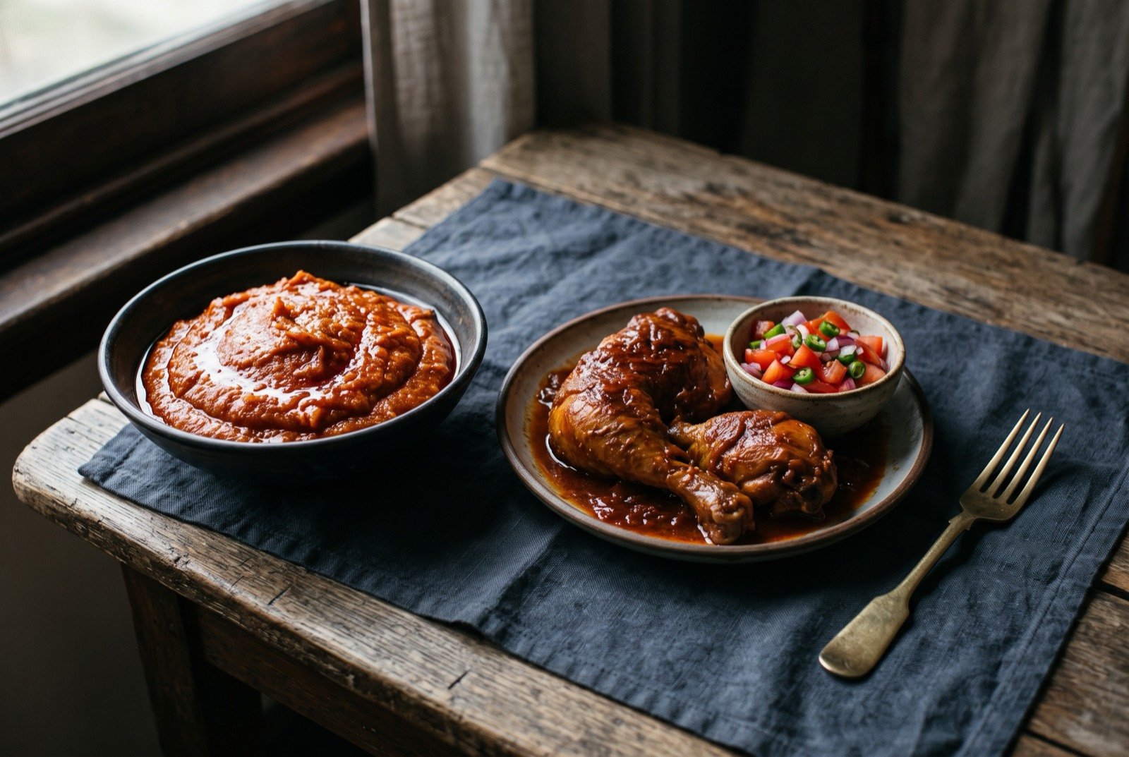 Amiwo: a deep red orange maize paste glossy with red palm oil, softly set and scooped into a mound, braised chicken pieces beside it.
