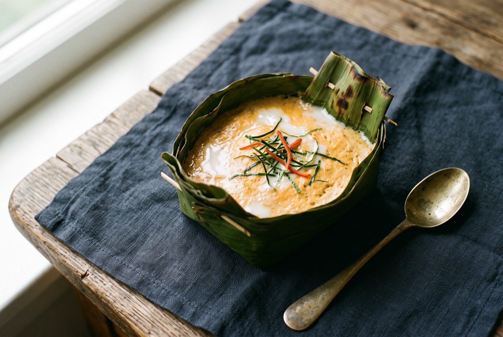 Amok trei, a steamed fish curry mousse set inside a folded banana leaf cup: a folded banana leaf cup holding a pale golden orange custard, its surface smooth and just set with a faint sheen of coconut cream pooled at the centre.