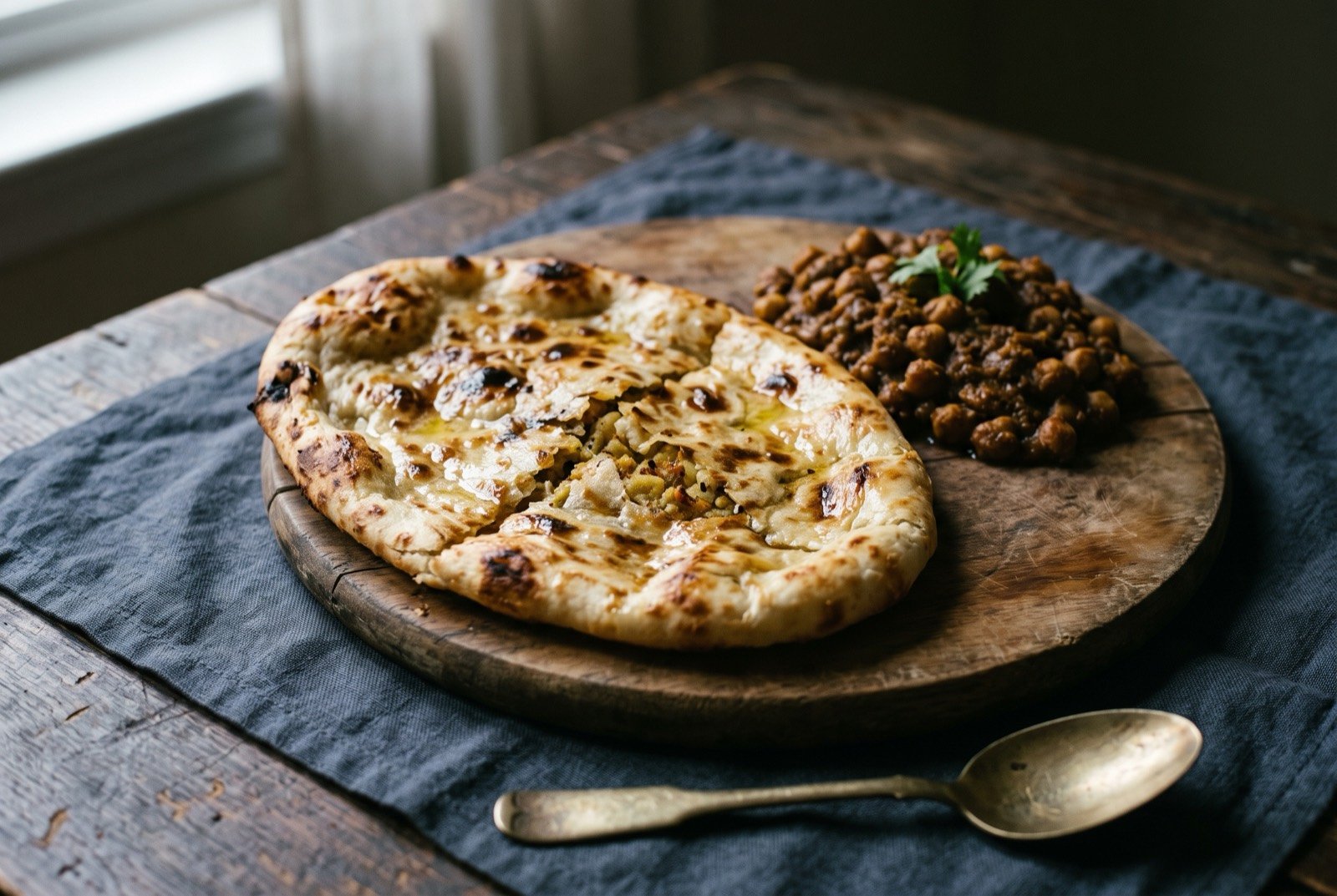 Amritsari kulcha, a tandoor-baked bread stuffed with spiced potato: a golden-brown, irregularly oval flatbread with a blistered, lightly charred surface and visible cracks where the potato filling presses through.