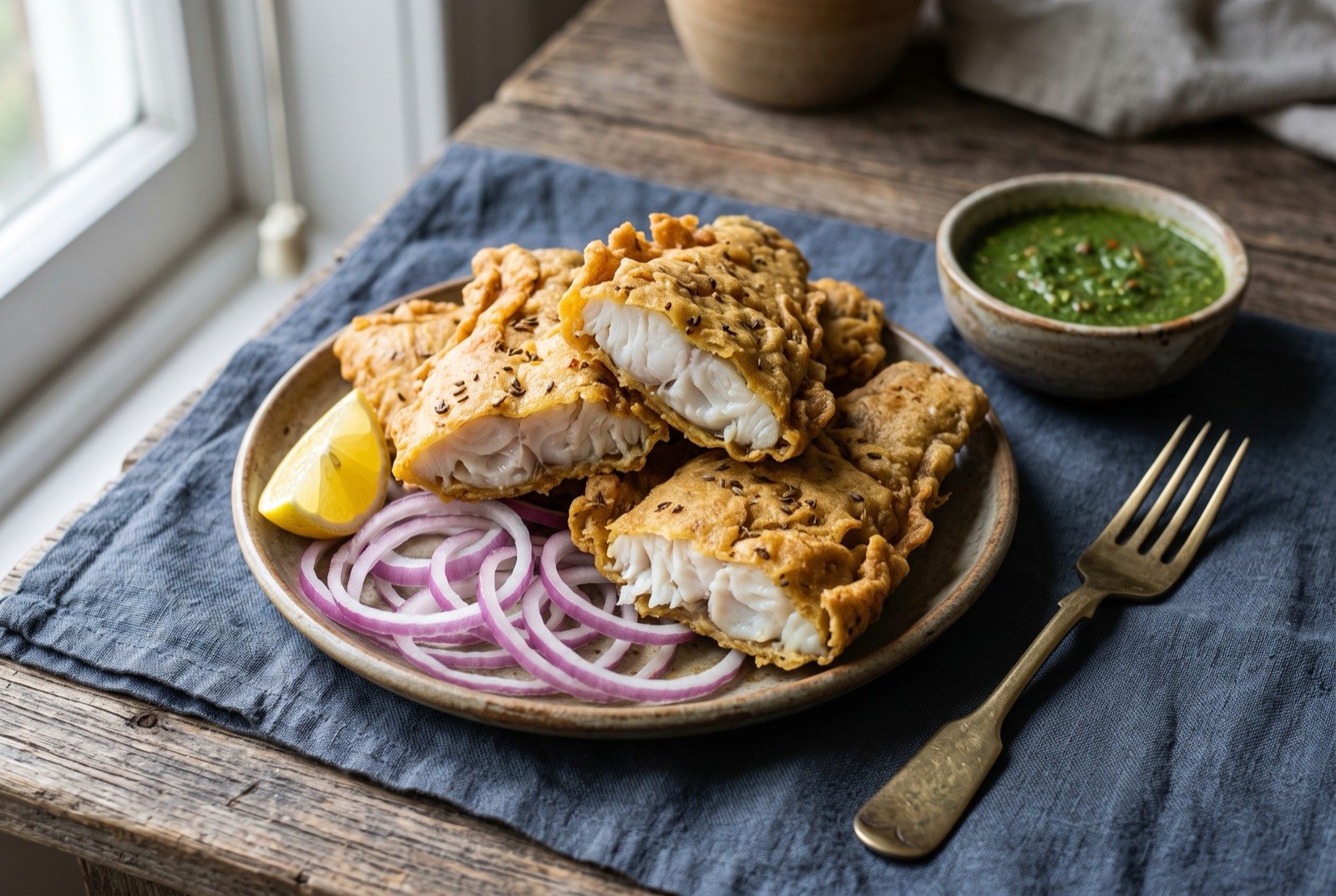 Amritsari and Lahori fish, double-fried river fish in a gram-flour batter: pale golden-brown fish fillets with a craggy, deeply crisped batter crust, cut to show moist white flesh within, stacked loosely on a bed of raw onion rings and a wedge of lemon.