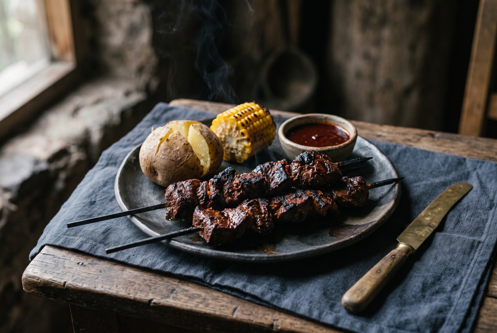 three skewers of grilled beef heart, cut into thin strips rather than cubes and marinated a deep reddish brown from ají panca before grilling