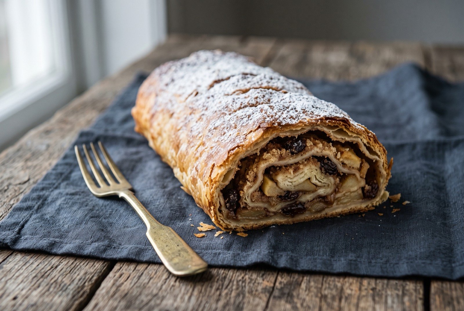 Apfelstrudel, hand stretched apple pastry: a thick cut log of golden, deeply crisped pastry dusted heavily with icing sugar, one end sliced away to reveal tightly coiled layers of pale apple.