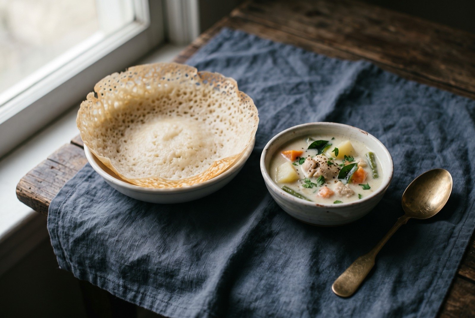 Appam and stew, a lacy rice bowl with mild coconut stew: a bowl-shaped fermented rice pancake with lacy crisp edges and a soft pale centre, resting beside a small bowl of pale creamy coconut milk stew with visible chicken or vegetable pieces.