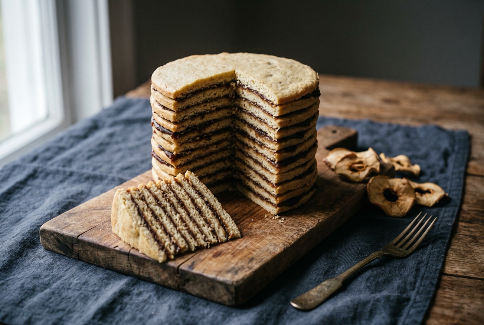 Apple stack cake, thin layers rested with dried apple filling: a tall cake of many thin, dense pale golden layers separated by thick, dark spiced apple butter filling, cut to reveal the striped cross section.