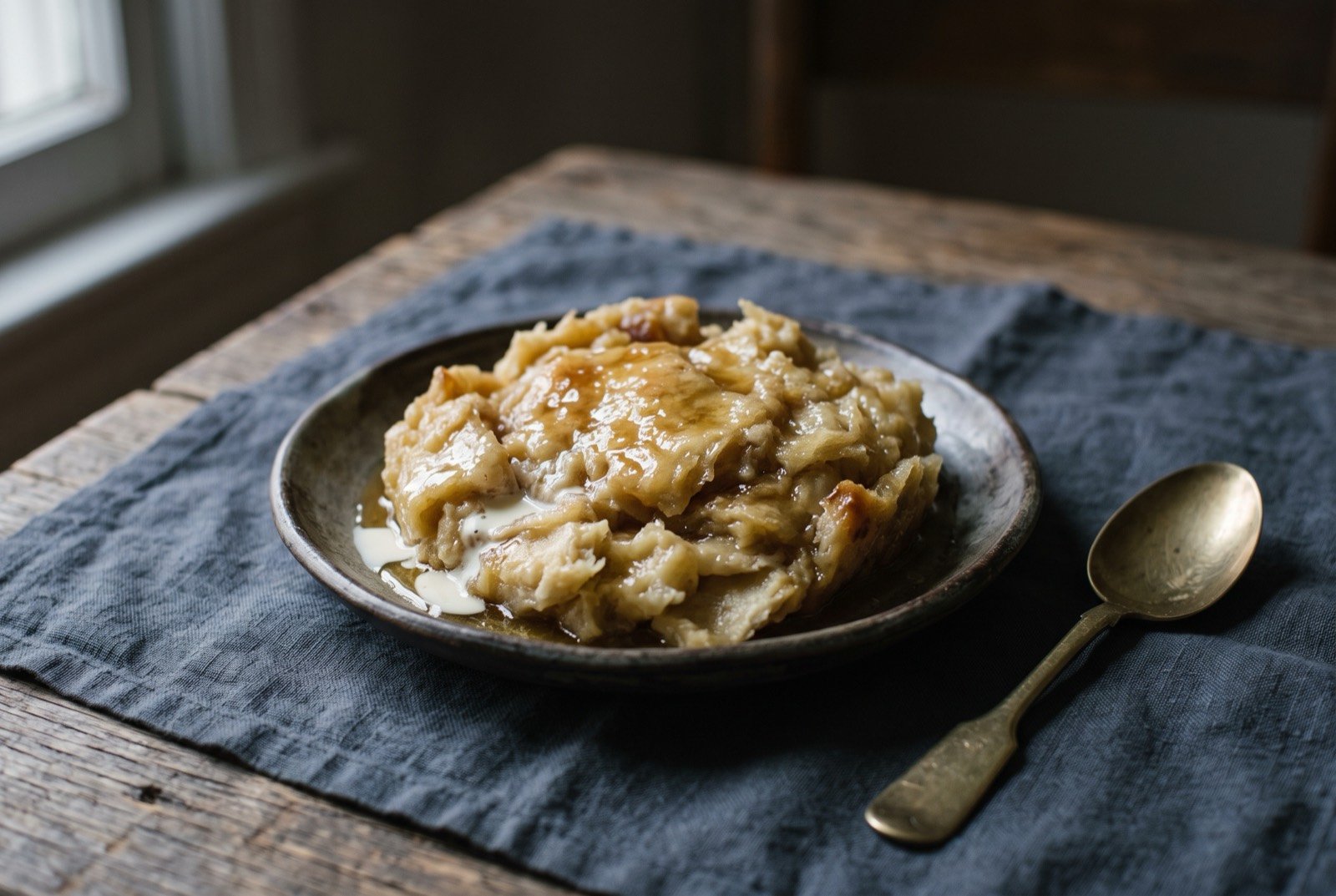 Areeka, Mecca's banana and honey bread pudding: a shallow dish of soft, dense pale gold bread pudding, torn bread visible through a glossy honey and ghee sheen, a light drizzle of cream pooling at one edge.