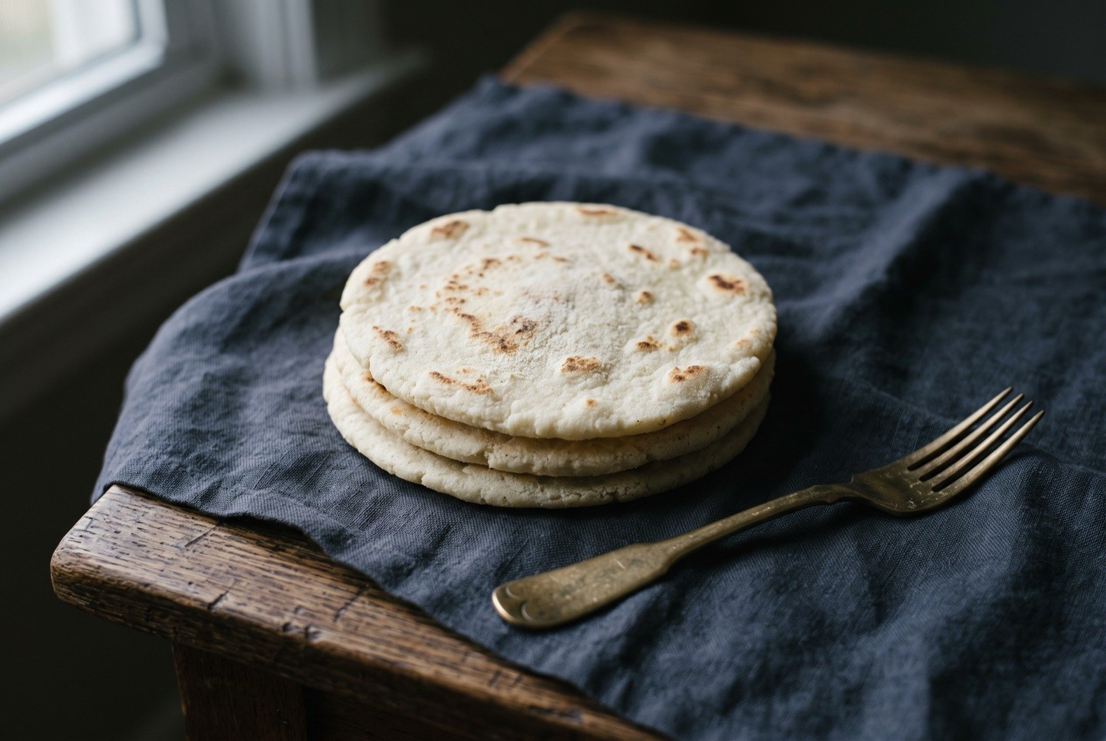 Arepa paisa, a thin white griddled corn flatbread: a small stack of pale, thin, round white corn arepas, each lightly speckled with brown griddle marks on both faces, a faint dusting of flour visible on the top one.