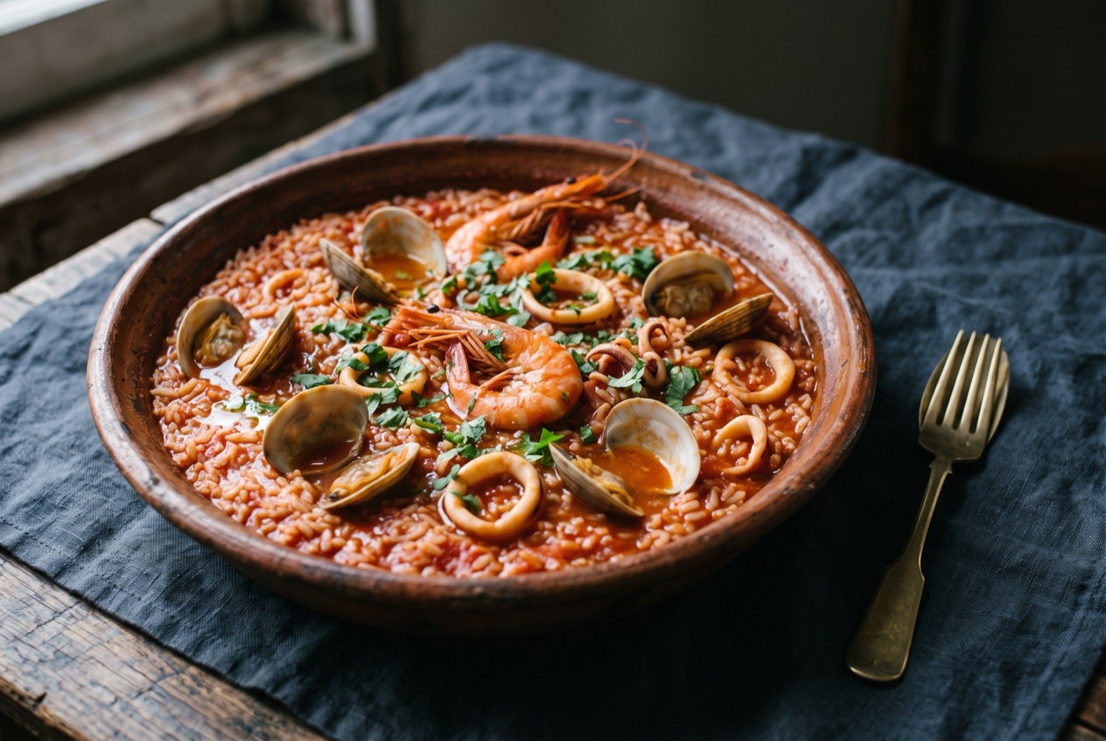 Arroz a la tumbada, a Sotavento rice and seafood stew: a wide clay cazuela filled with loose, tomato-red rice, shell-on shrimp, a few open clams and rings of squid breaking the surface.
