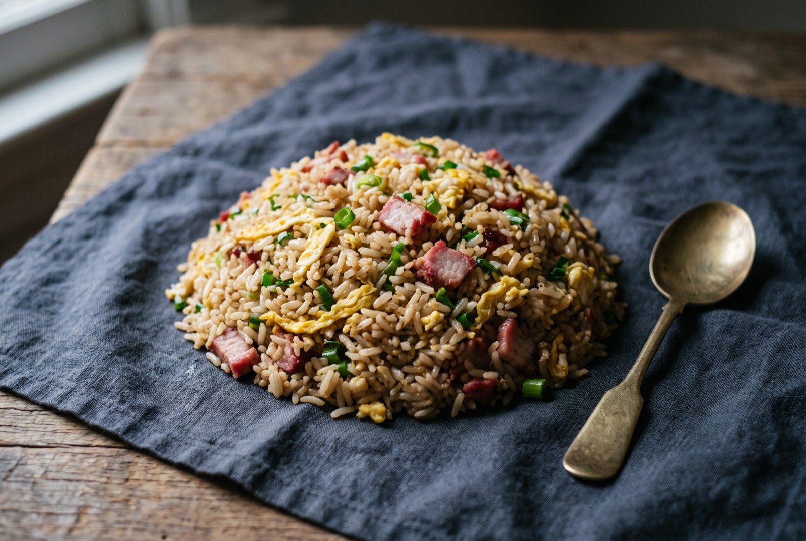 Arroz chaufa, chifa fried rice: a mound of glossy pale brown fried rice, flecked with thin yellow egg ribbons and pale green spring onion, a few pink shreds of char siu style pork visible through the grains.
