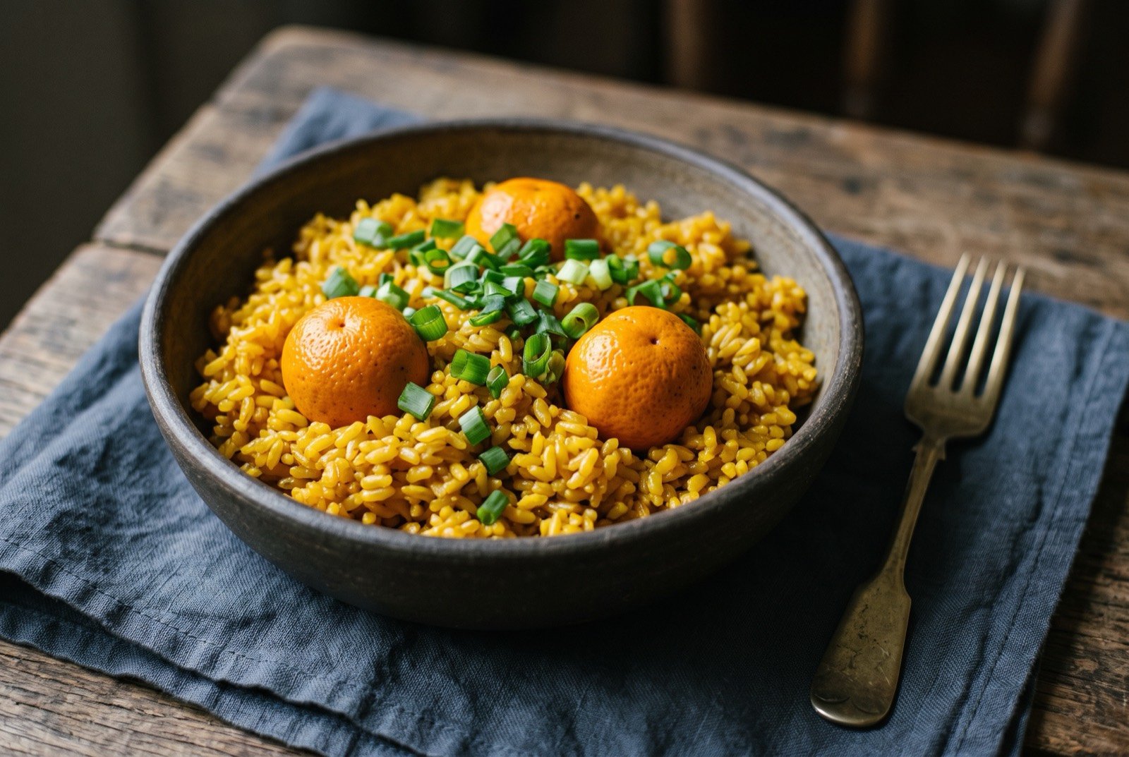 Arroz com pequi, rice cooked with the cerrado's pequi fruit: a mound of deep yellow orange rice, its grains glossy and faintly resinous looking, two or three small round orange pequi fruits nestled whole among the rice.