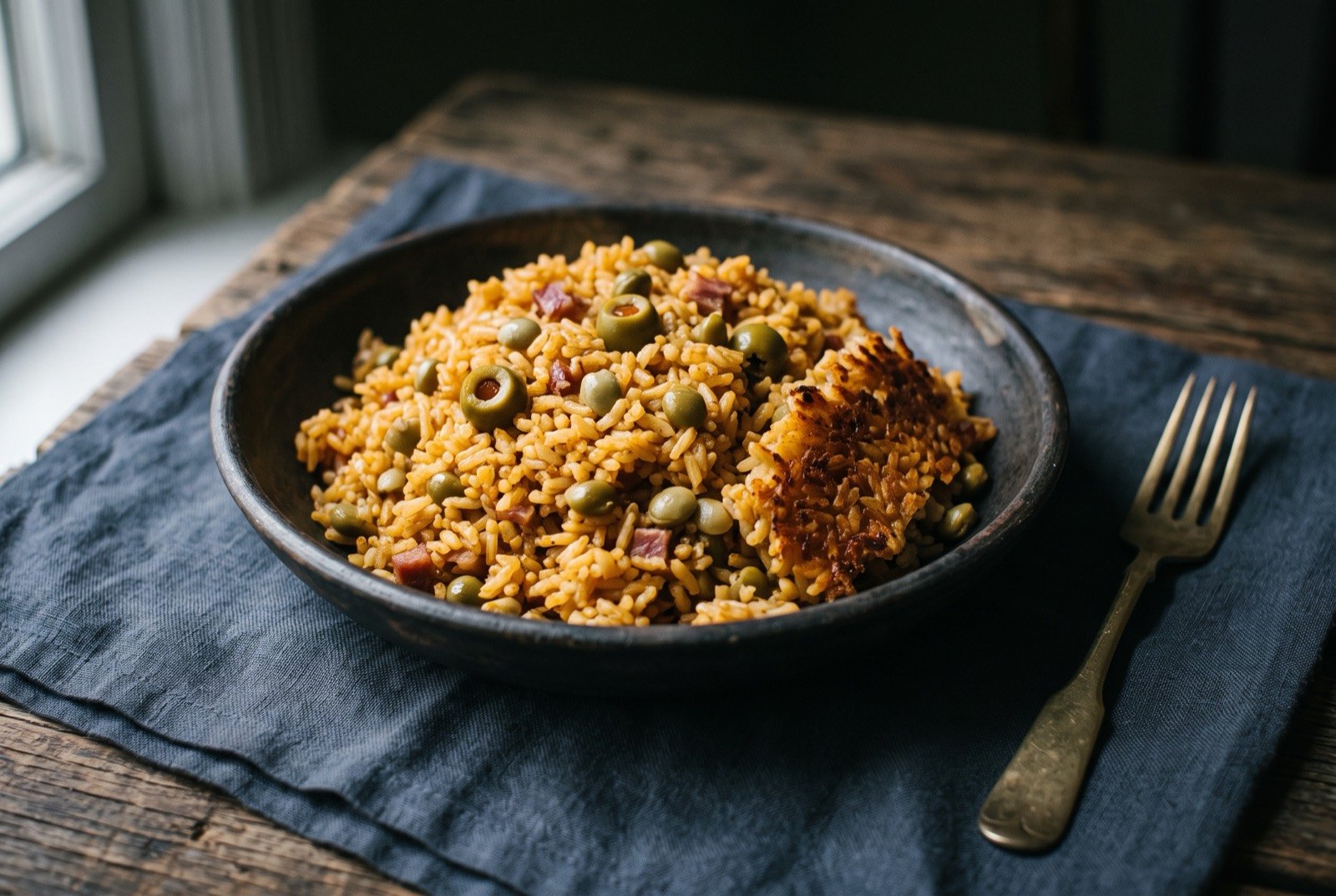 Arroz con gandules, Puerto Rican rice with pigeon peas: a mound of golden orange rice studded with pale green pigeon peas and dark olives, a few strands of ham visible throughout.