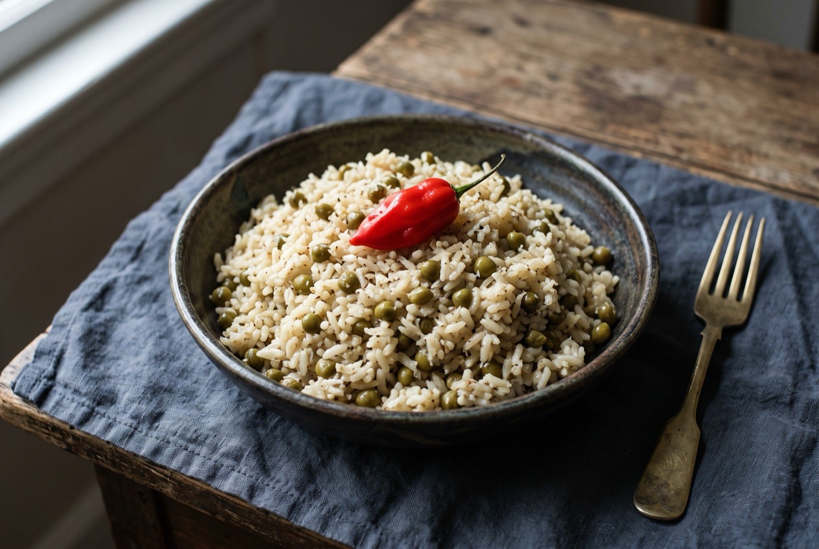 Arroz con guandú y coco, coconut pigeon pea rice: a mound of glossy pale ivory rice studded with olive green pigeon peas, served in a rustic dark bowl, a single whole red ají chombo resting on top.